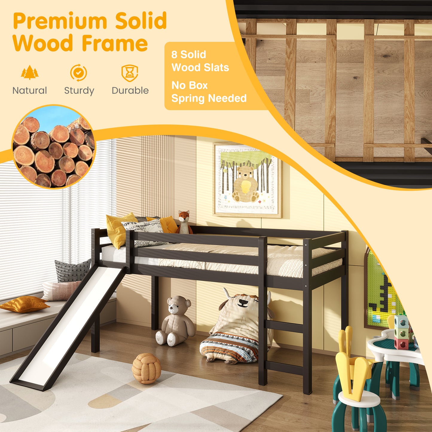 Twin Size Low Loft Bed With Slide, Dark Brown Bunk Bed Frame at Gallery Canada