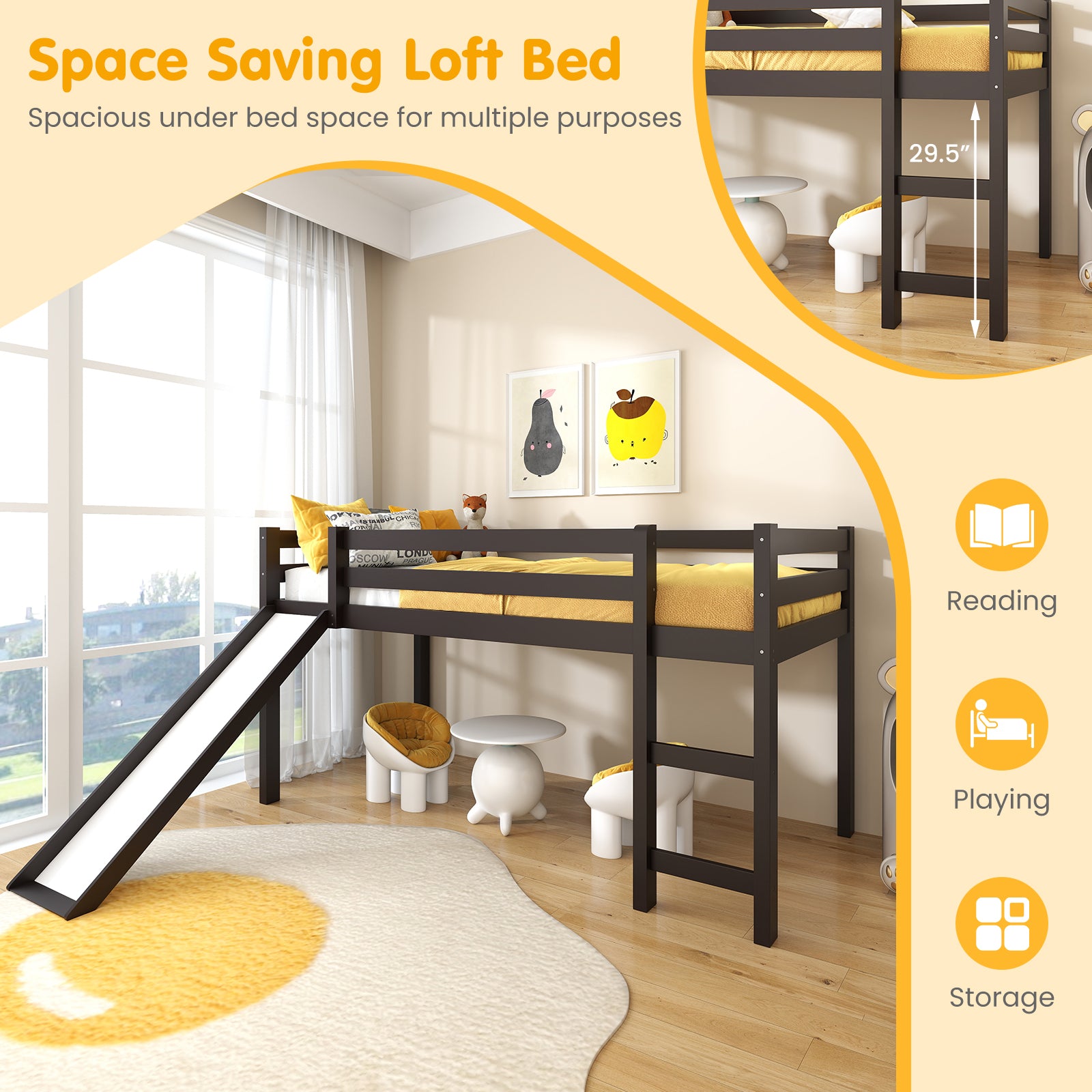 Twin Size Low Loft Bed With Slide, Dark Brown Bunk Bed Frame at Gallery Canada