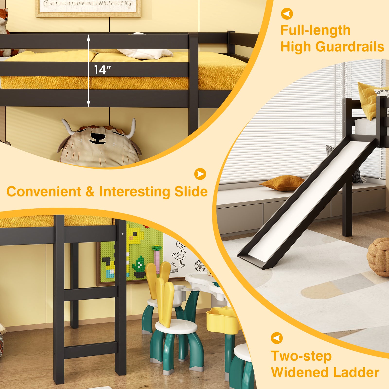 Twin Size Low Loft Bed With Slide, Dark Brown Bunk Bed Frame at Gallery Canada