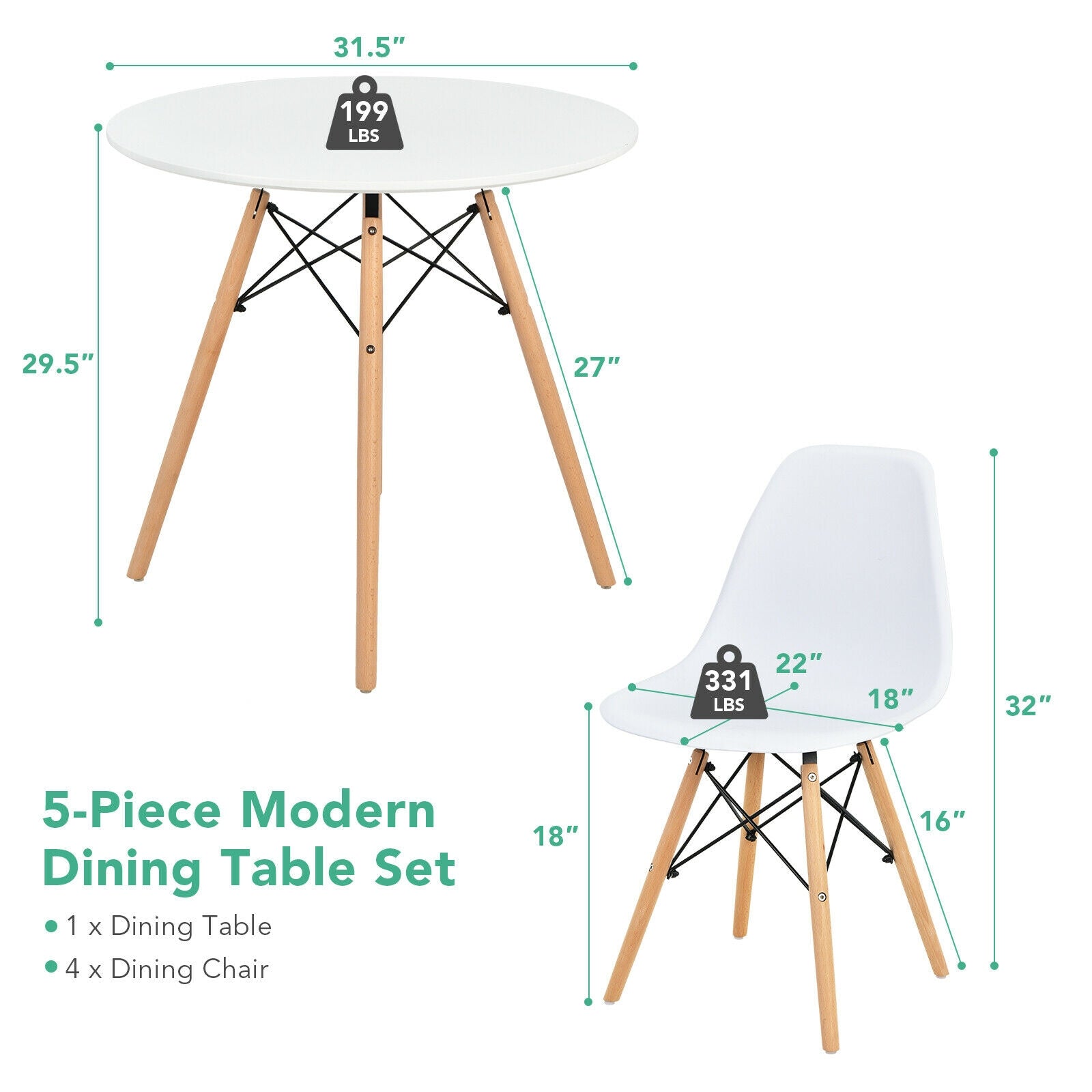 5-Piece Dining Table Set, Solid Wood Legs, White Dining Room Sets at Gallery Canada