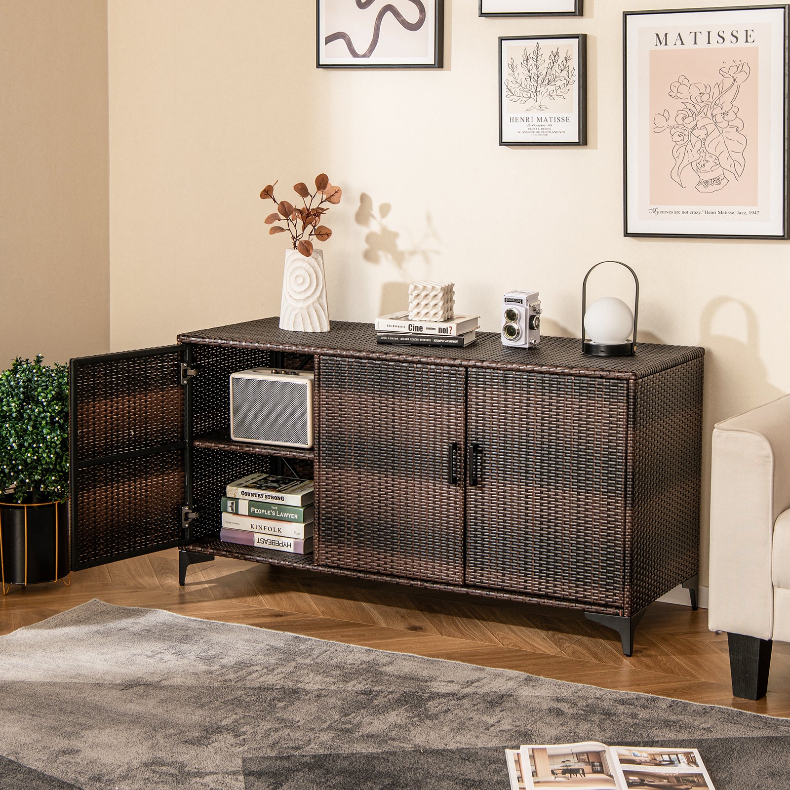 84 Gallon Patio Wicker Deck Box, 3-Door PE Rattan Storage Container, Brown Sheds & Outdoor Storage at Gallery Canada