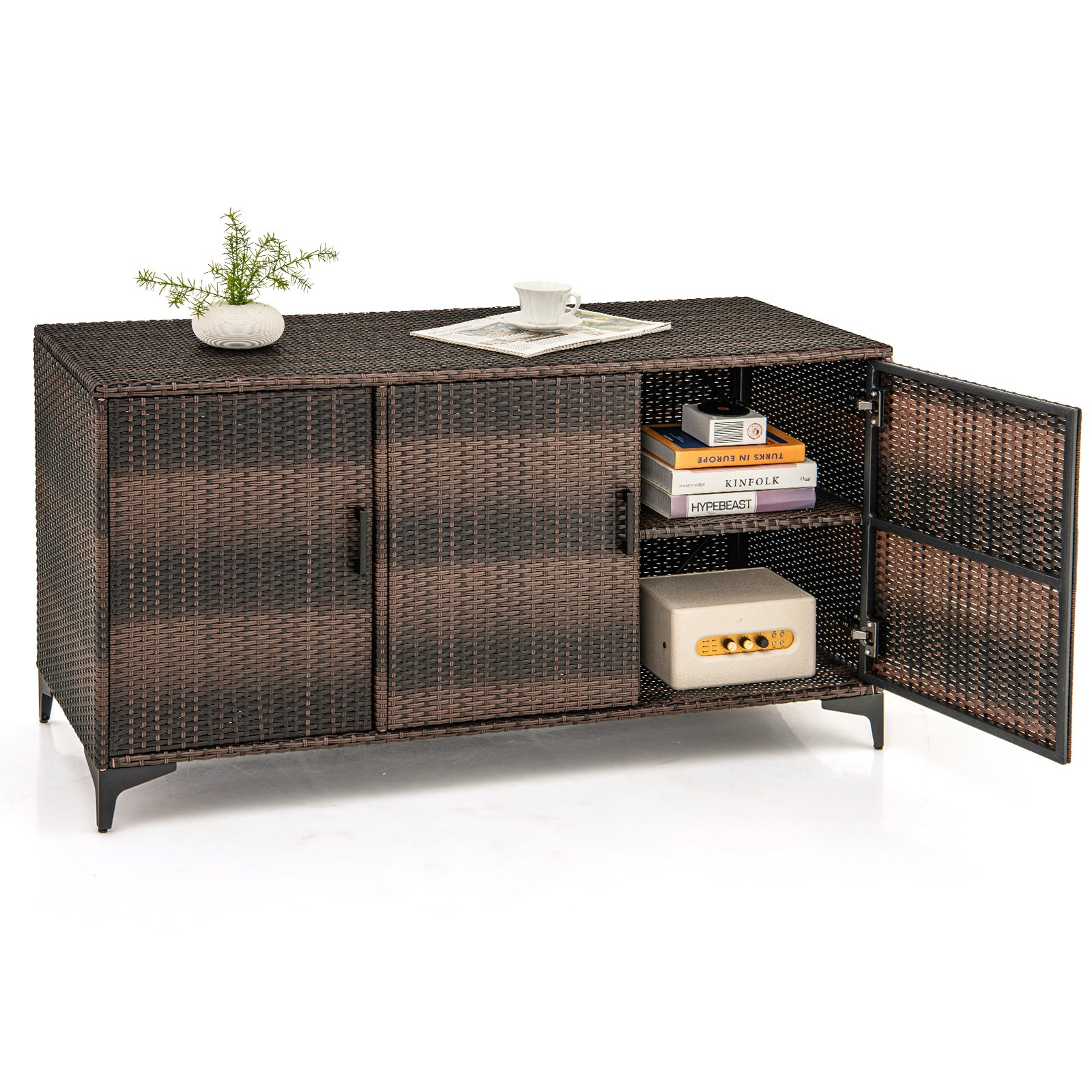 84 Gallon Patio Wicker Deck Box, 3-Door PE Rattan Storage Container, Brown Sheds & Outdoor Storage Brown at Gallery Canada