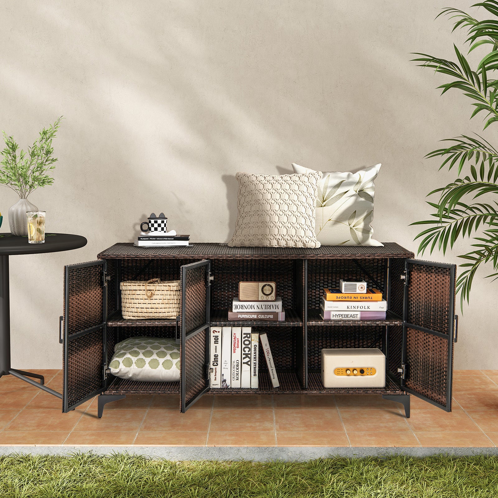 84 Gallon Patio Wicker Deck Box, 3-Door PE Rattan Storage Container, Brown Sheds & Outdoor Storage at Gallery Canada