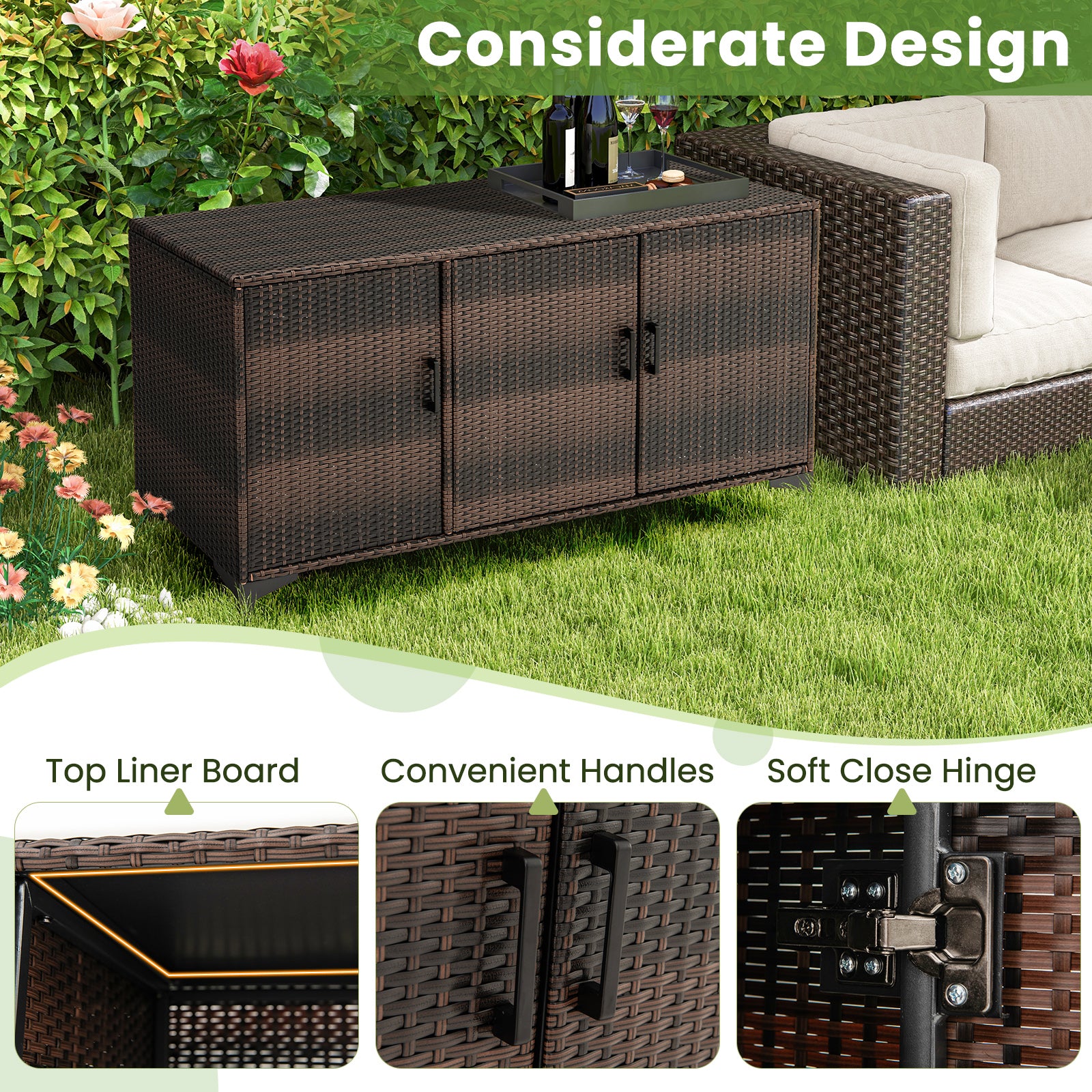 84 Gallon Patio Wicker Deck Box, 3-Door PE Rattan Storage Container, Brown Sheds & Outdoor Storage at Gallery Canada