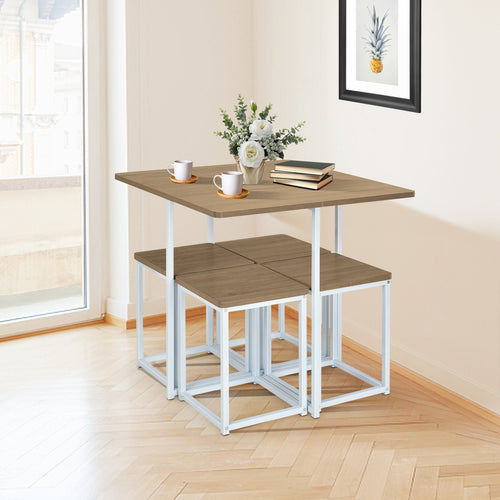 5 Piece Metal Frame Dining Set, Compact Table, 4 Stools, Natural