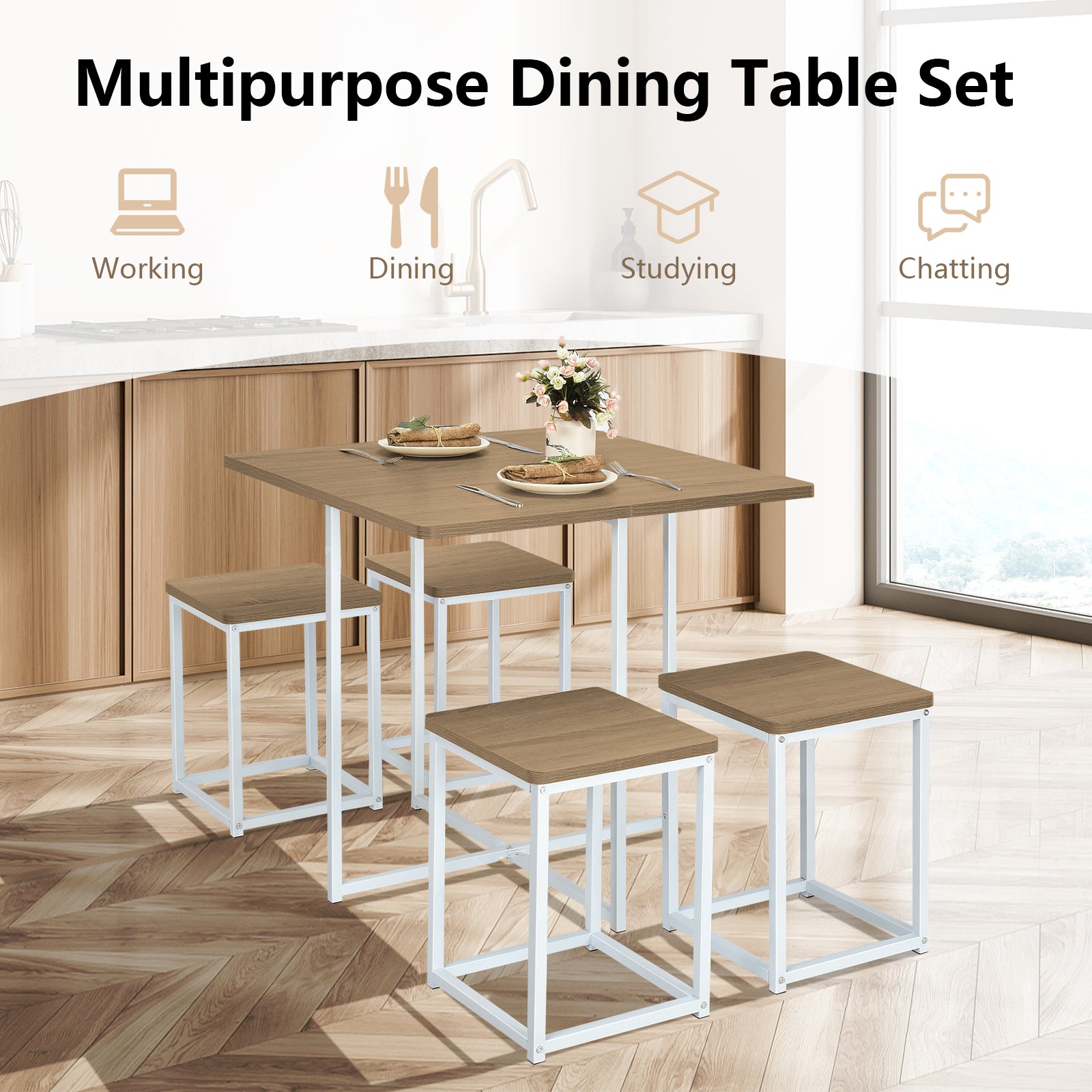 5 Piece Metal Frame Dining Set, Compact Table, 4 Stools, Natural Dining Room Sets at Gallery Canada