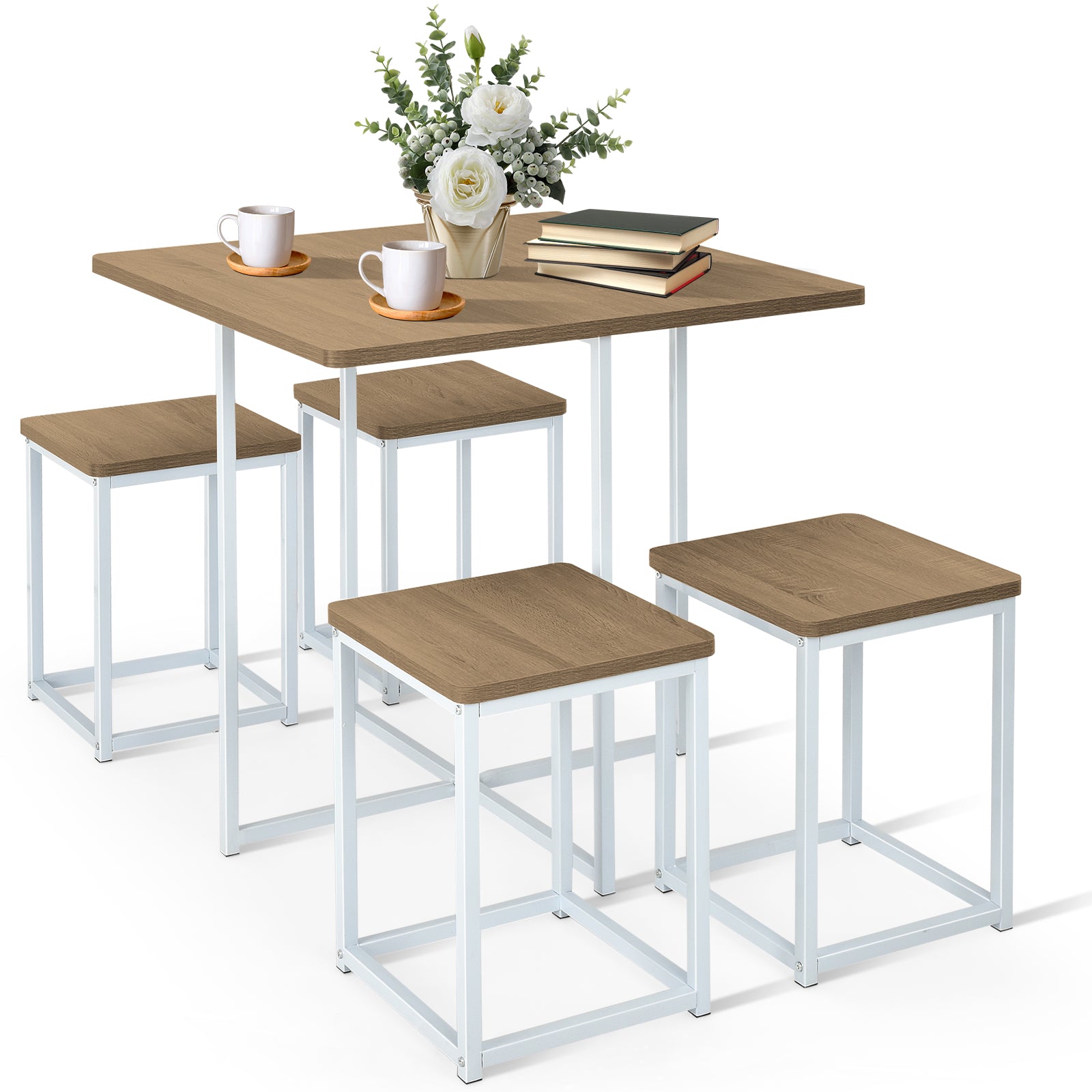 5 Piece Metal Frame Dining Set, Compact Table, 4 Stools, Natural Dining Room Sets at Gallery Canada