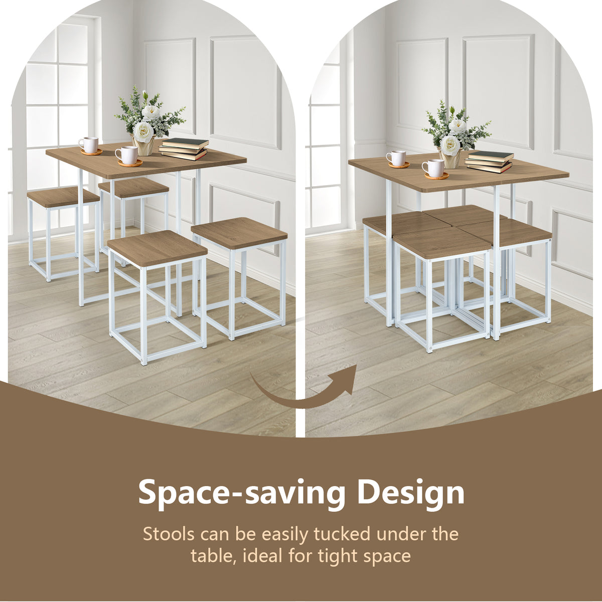 5 Piece Metal Frame Dining Set, Compact Table, 4 Stools, Natural Dining Room Sets at Gallery Canada