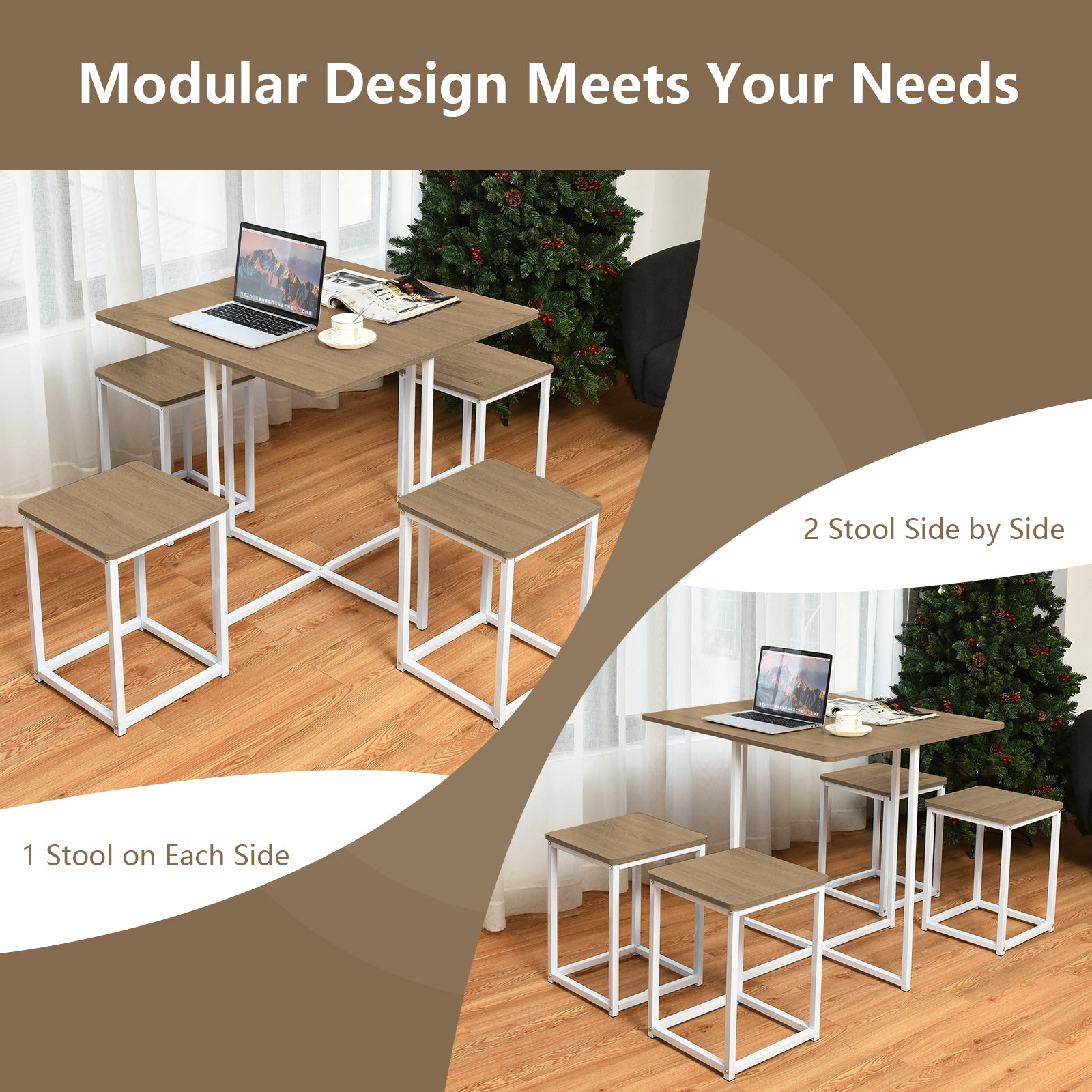 5 Piece Metal Frame Dining Set, Compact Table, 4 Stools, Natural Dining Room Sets at Gallery Canada