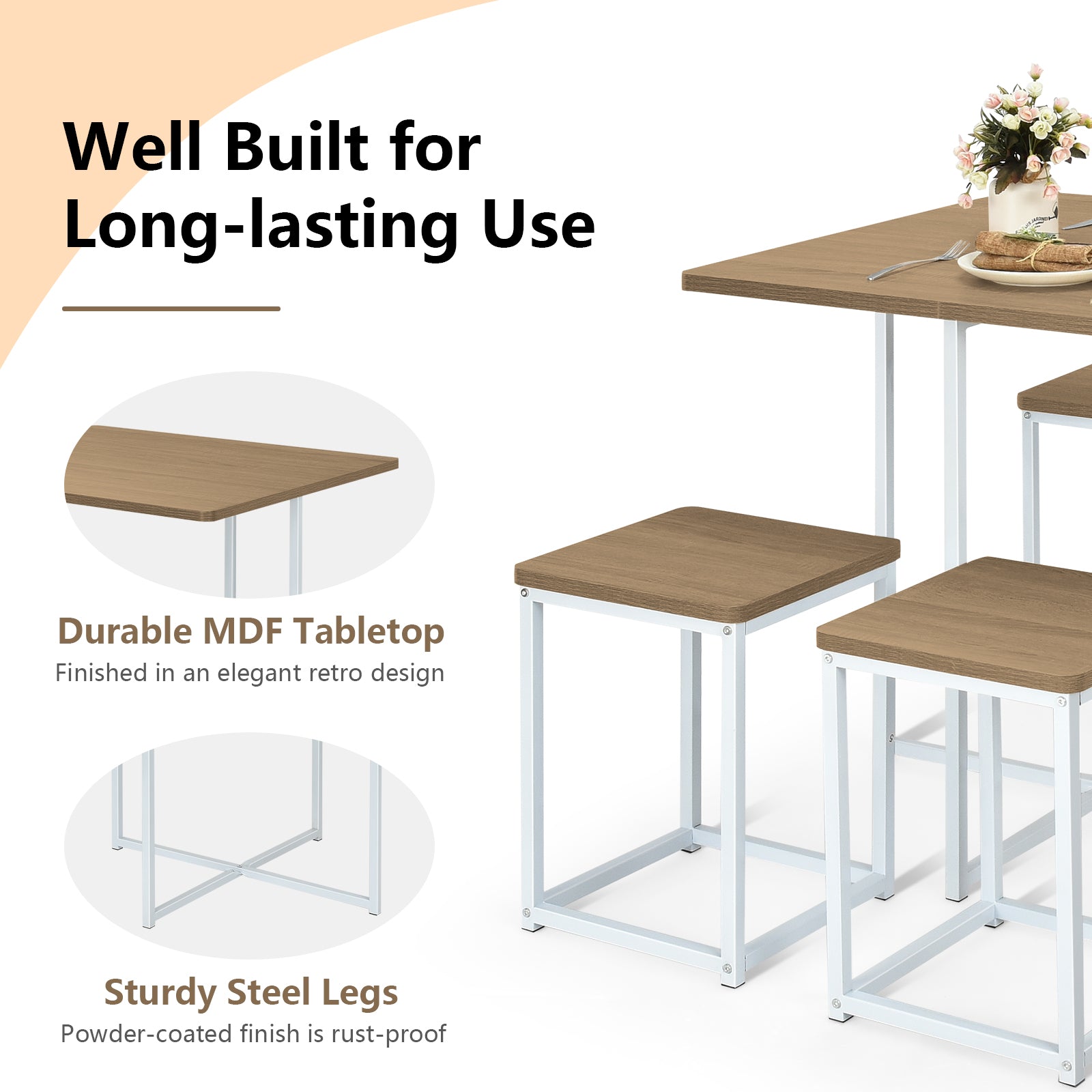 5 Piece Metal Frame Dining Set, Compact Table, 4 Stools, Natural Dining Room Sets at Gallery Canada