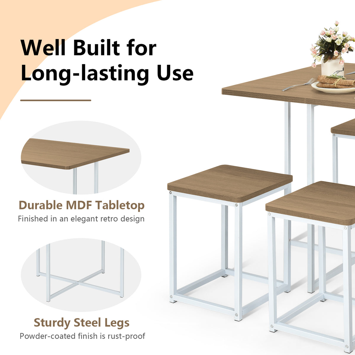 5 Piece Metal Frame Dining Set, Compact Table, 4 Stools, Natural Dining Room Sets at Gallery Canada