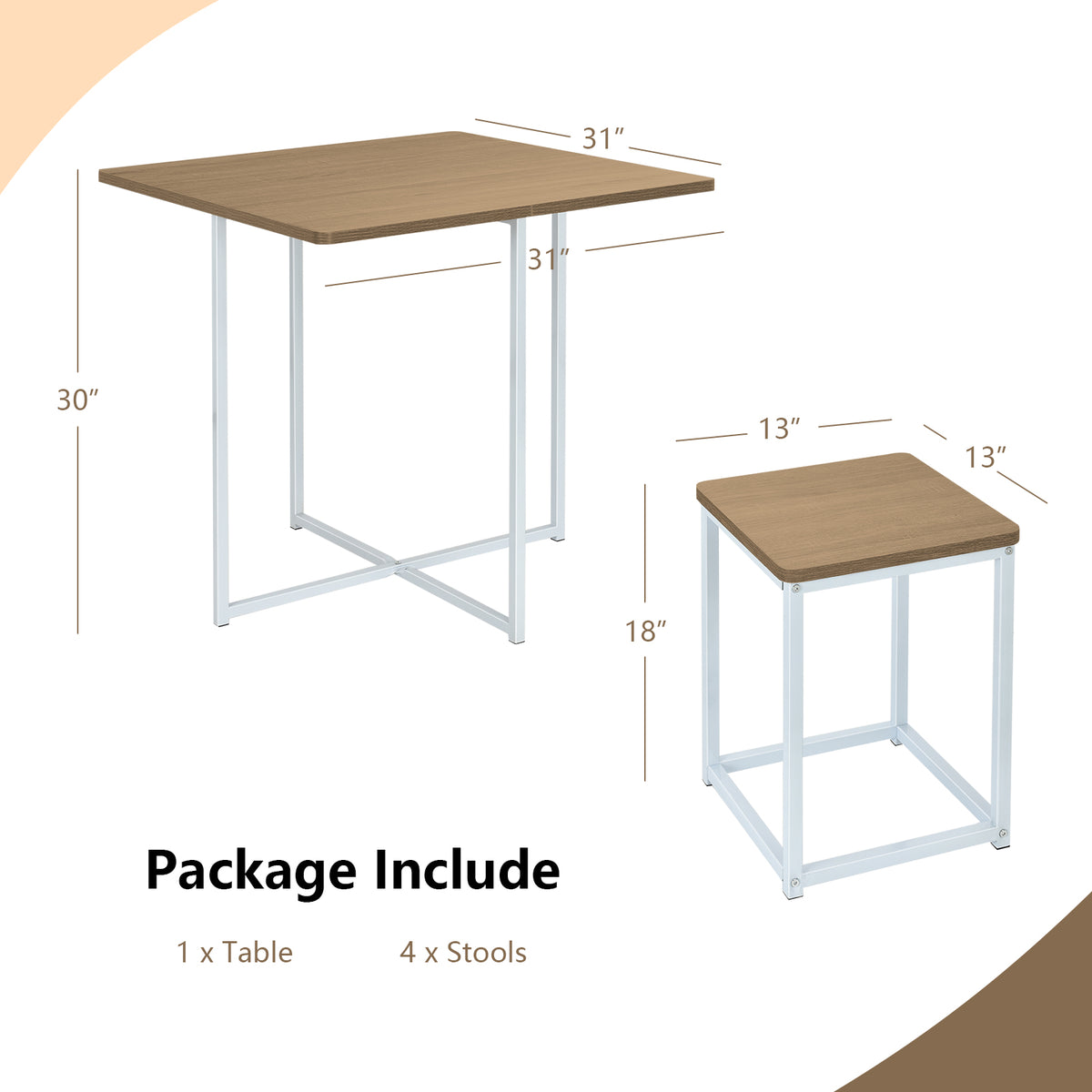 5 Piece Metal Frame Dining Set, Compact Table, 4 Stools, Natural Dining Room Sets at Gallery Canada