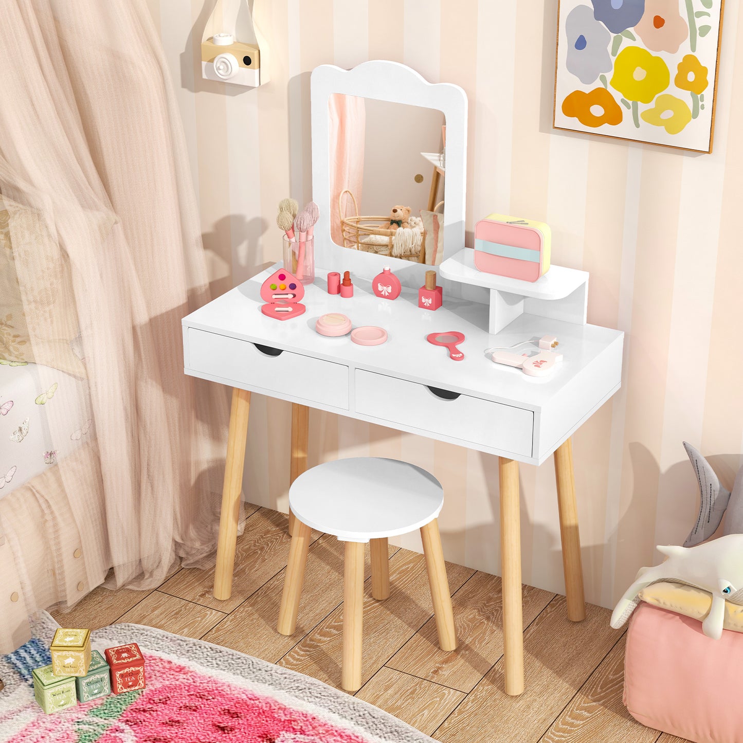 Kid Vanity Table Chair Set, Mirror, 2 Large Storage Drawers, White Kids Vanities at Gallery Canada