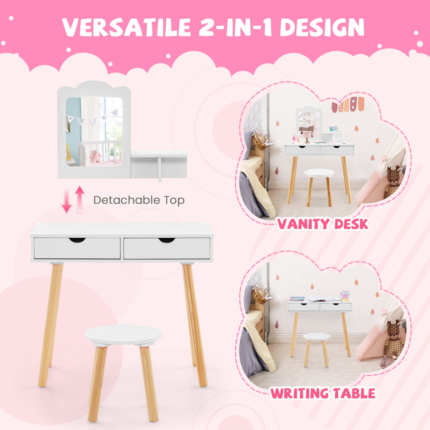 Kid Vanity Table Chair Set, Mirror, 2 Large Storage Drawers, White Kids Vanities at Gallery Canada
