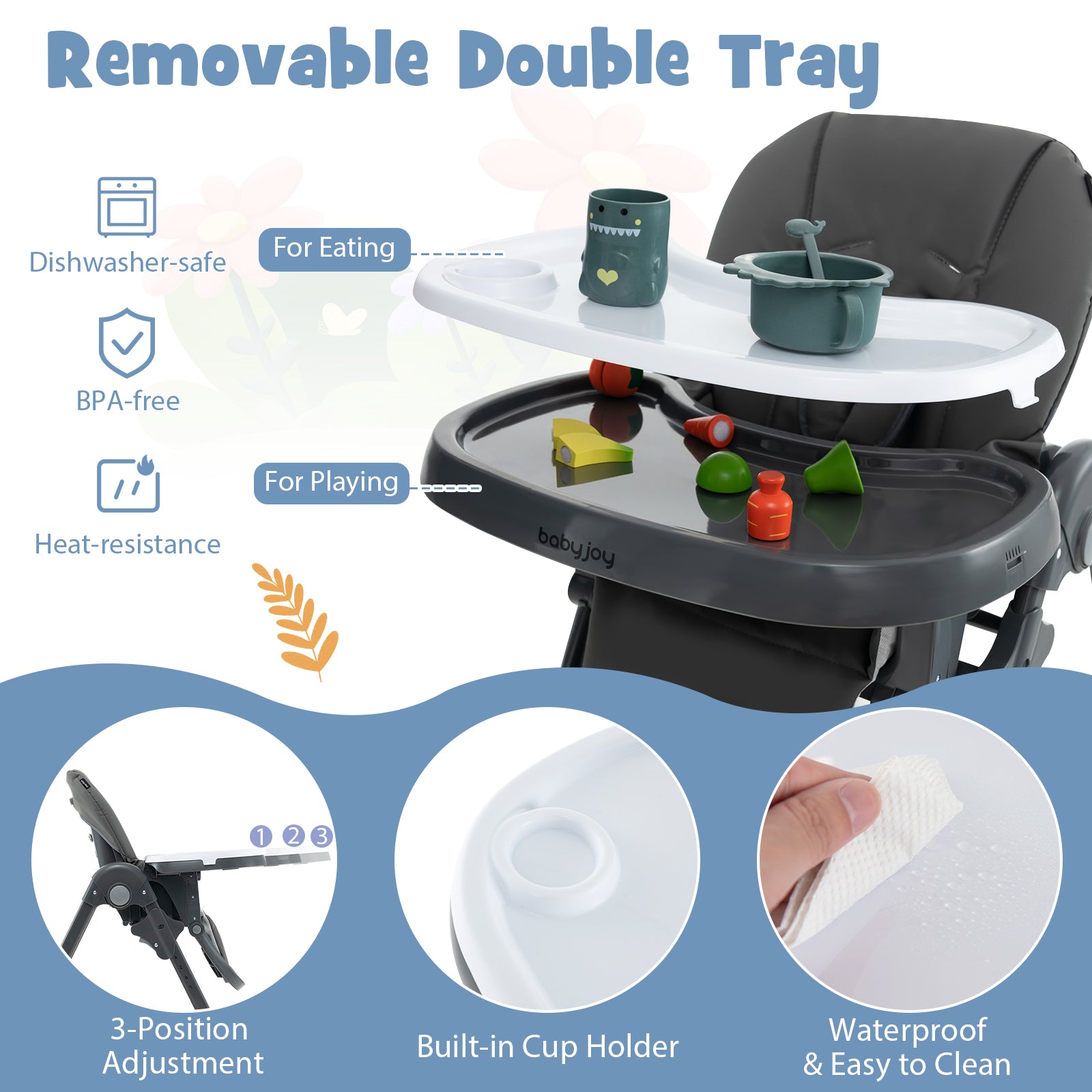 Convertible Baby High Chair, 3-In-1, 7 Heights, Double Tray, Dark Gray High Chairs at Gallery Canada