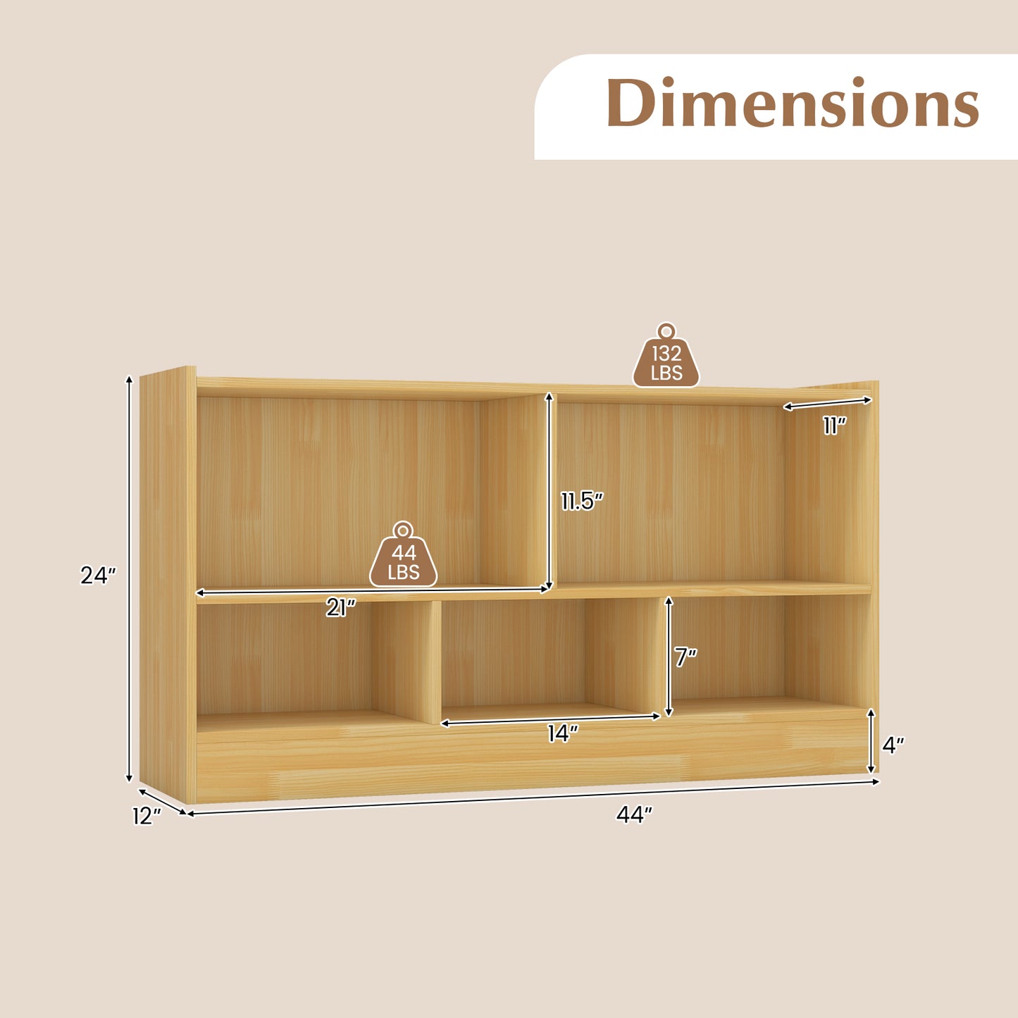 Kids 2-Shelf Bookcase, 5-Cube Wood Toy Storage Cabinet, Beige Kids Storage at Gallery Canada