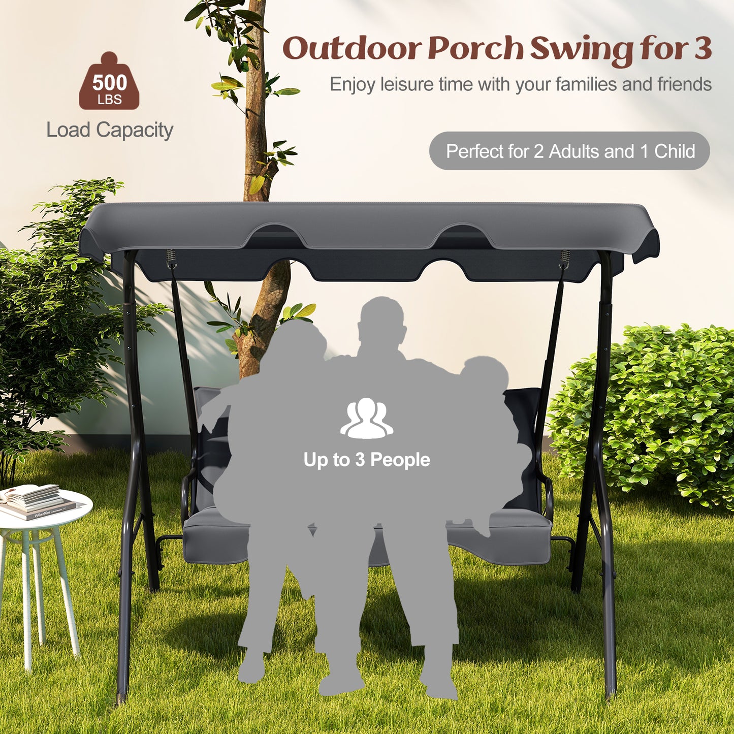3-Seat Outdoor Patio Swing, Steel Frame, Gray Porch Swings at Gallery Canada