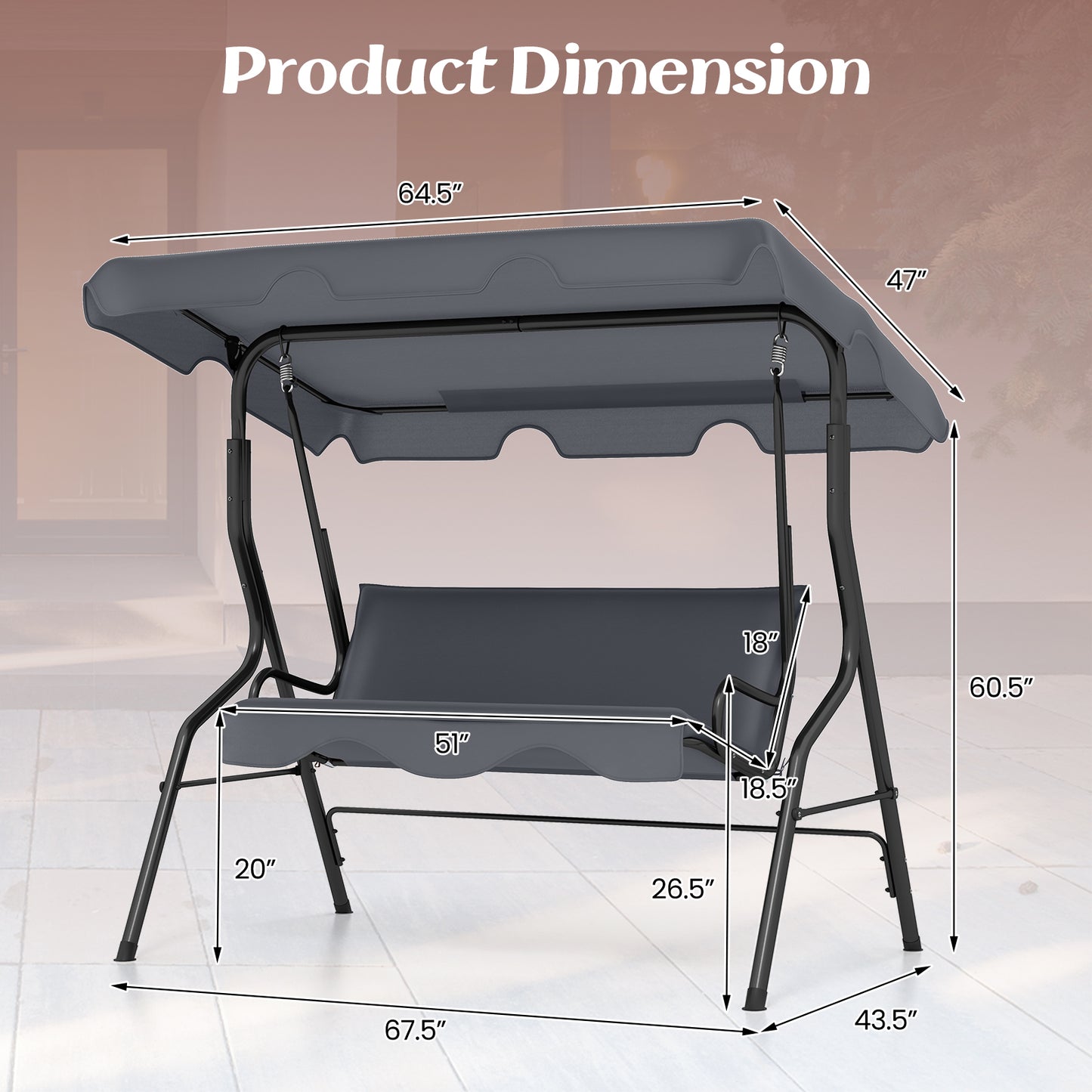 3-Seat Outdoor Patio Swing, Steel Frame, Gray Porch Swings at Gallery Canada