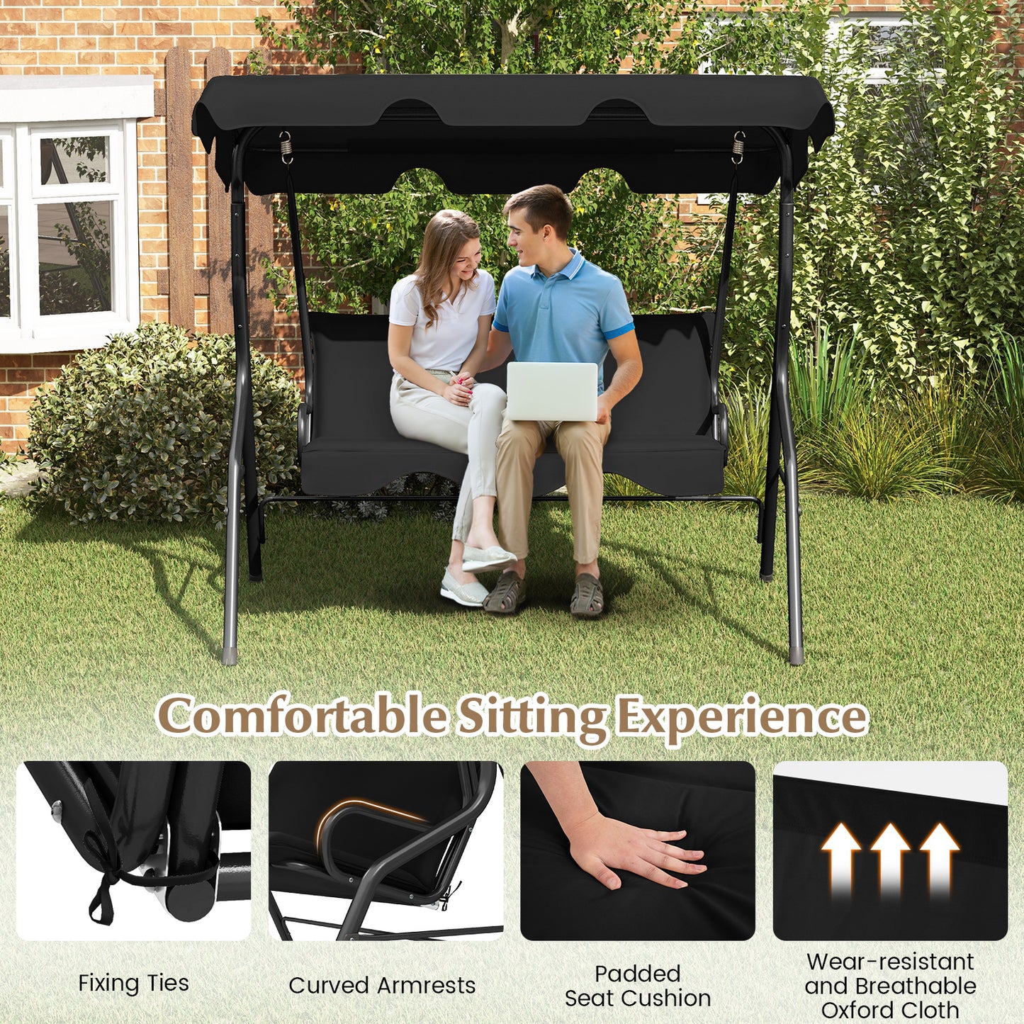 3 Seats Patio Canopy Swing, Black Porch Swings at Gallery Canada