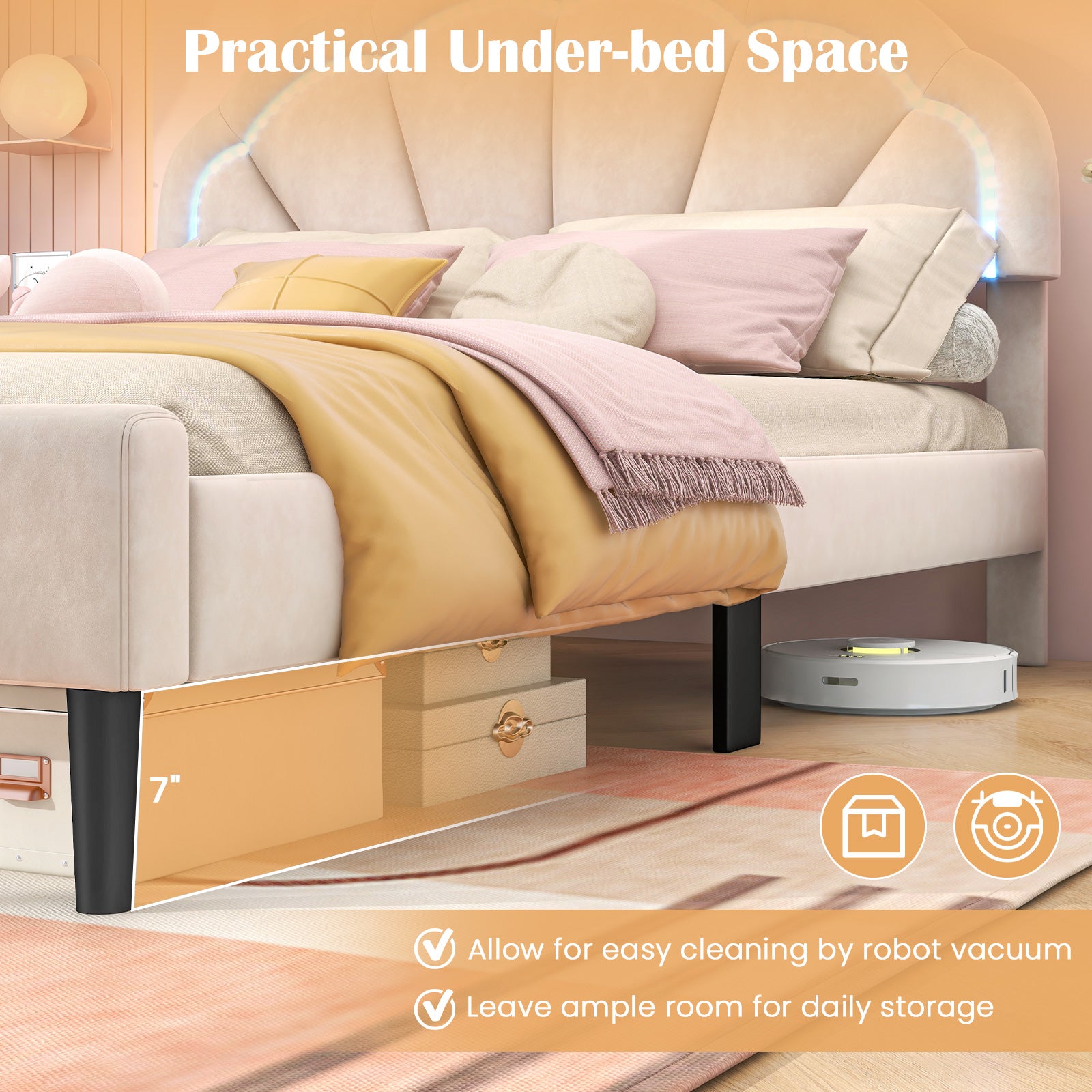 Upholstered LED Bed Frame, Adjustable Headboard, Full Size Trundle Bed Frame at Gallery Canada