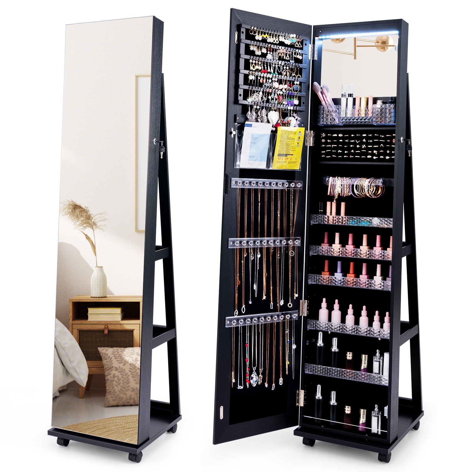 64 Inches Lockable Jewelry Cabinet, With Built-In Mirror, Black Jewelry Armoires at Gallery Canada