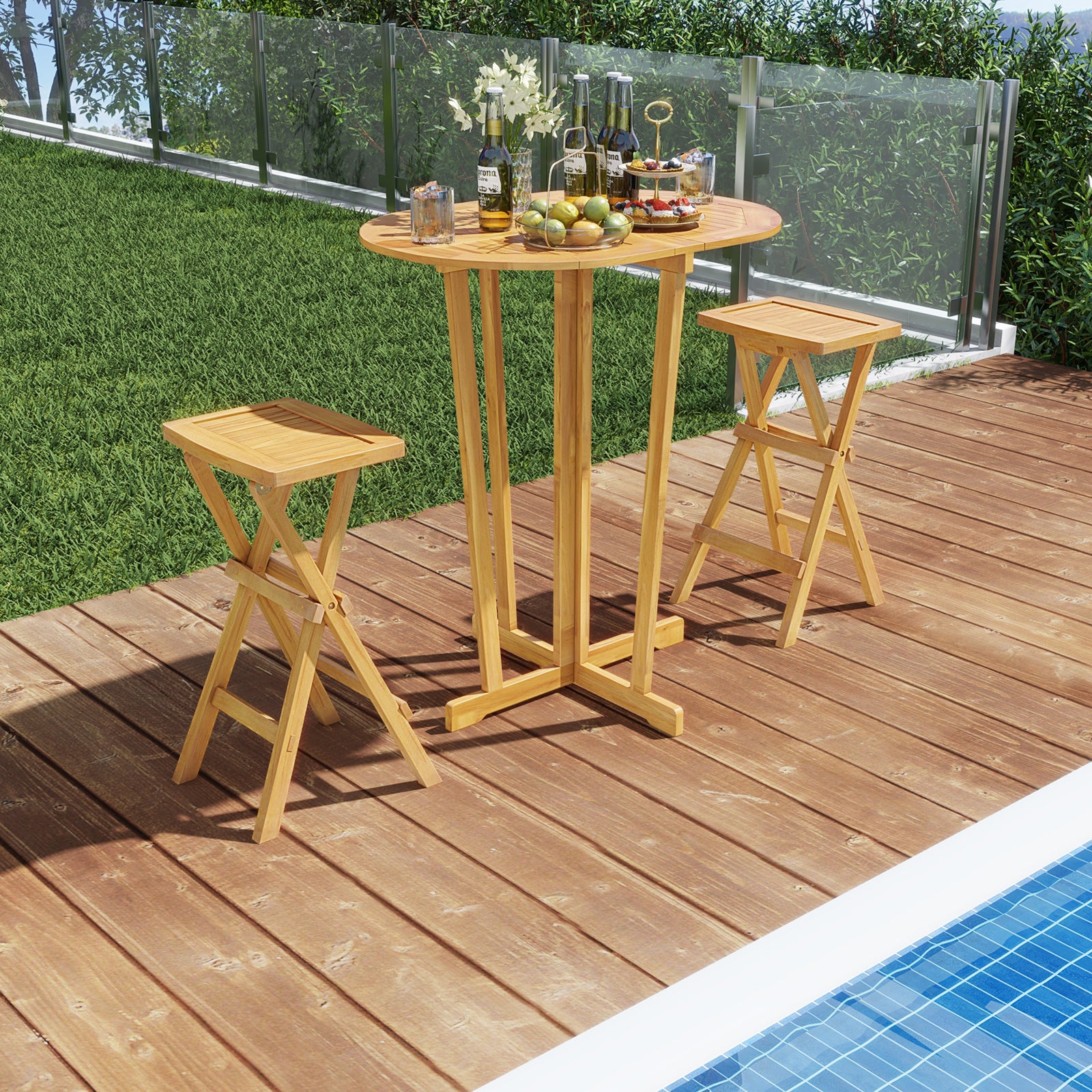 Outdoor Folding Bar Table, Oval Tabletop, Cross Base, Natural Patio Coffee Tables at Gallery Canada