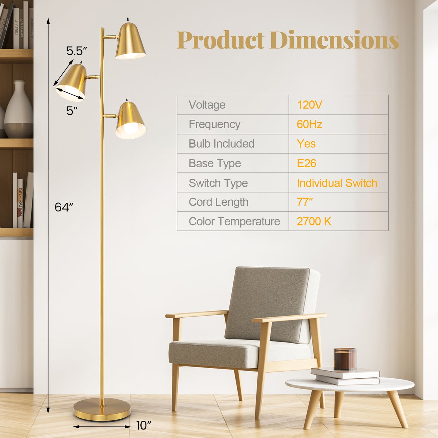 64 Inch 3-Light LED Floor Lamp, Living Room Bedroom Reading Light, Golden Table & Floor Lamps at Gallery Canada