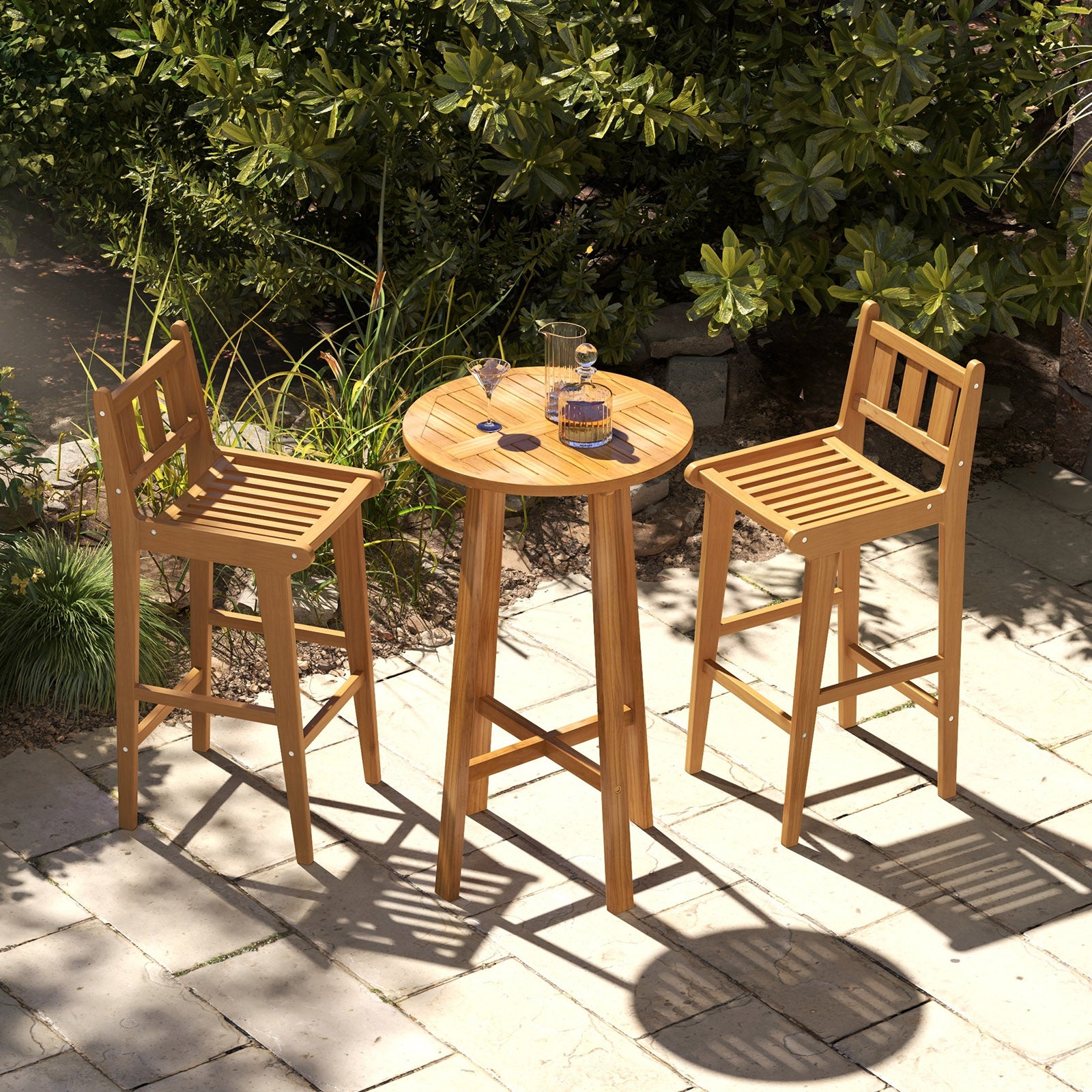 30 Inch Teak Wood Bar Chair, Footrest Backrest, Natural Patio Bar Furniture at Gallery Canada