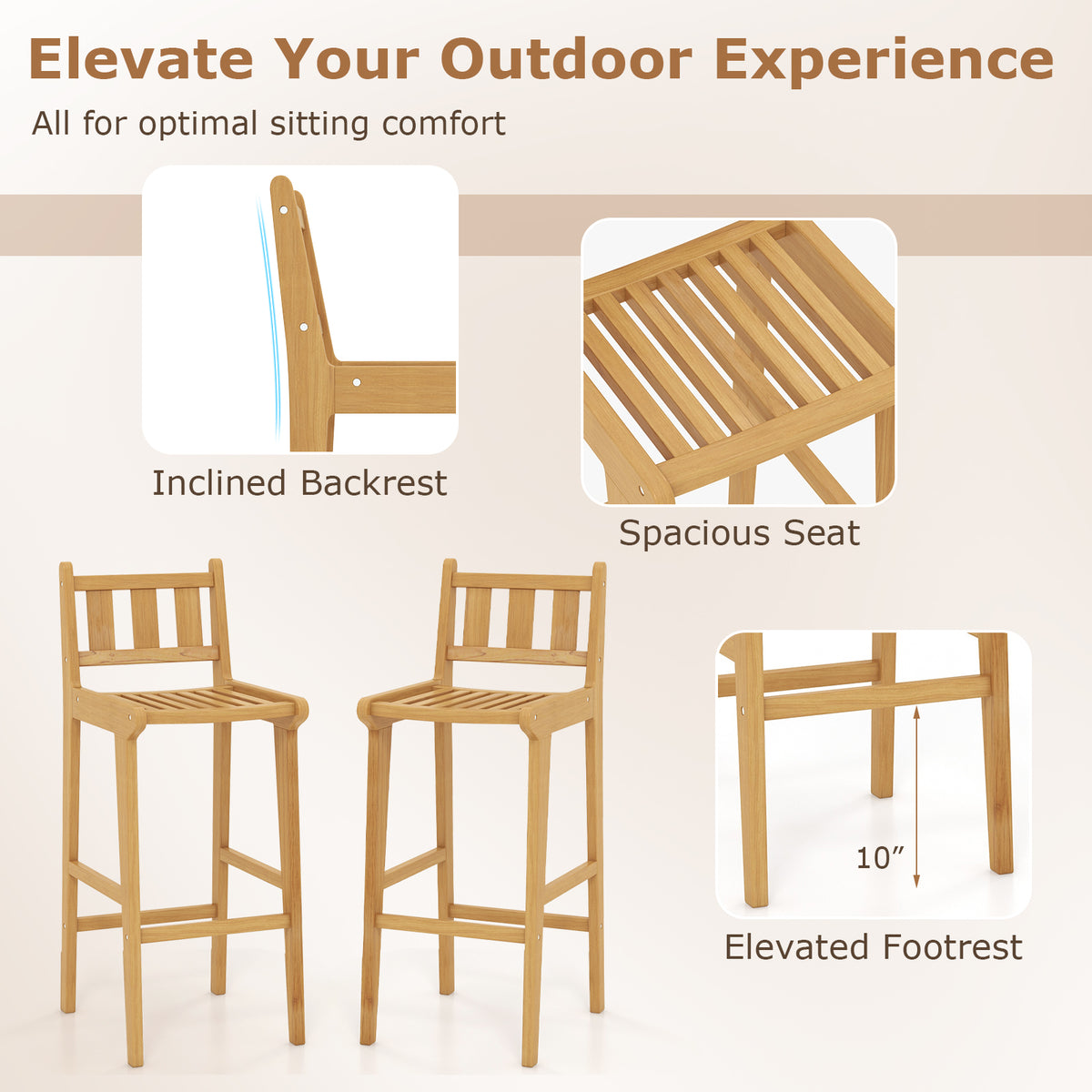 30 Inch Teak Wood Bar Chair, Footrest Backrest, Natural Patio Bar Furniture at Gallery Canada