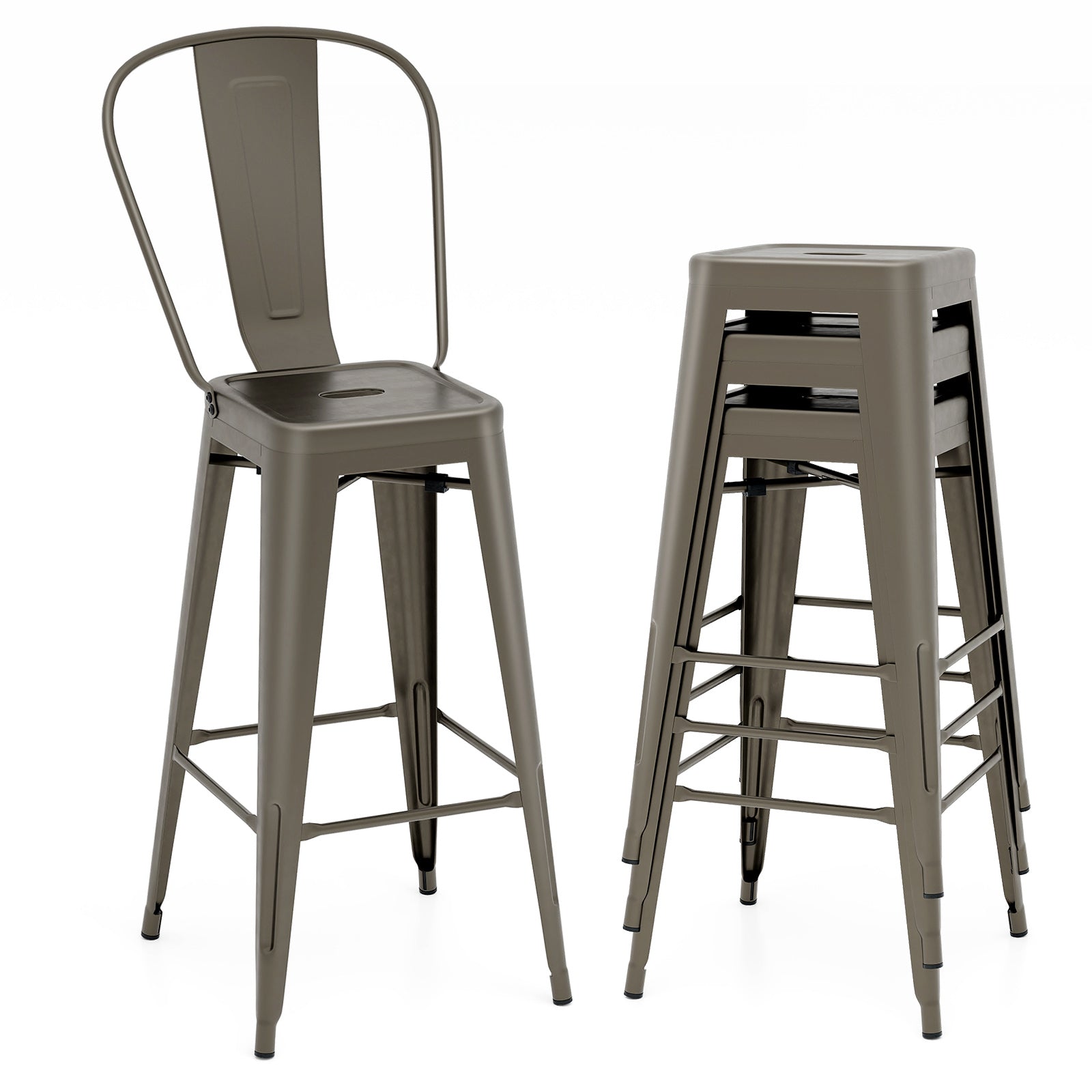 Set of 4 Bar Height Chairs Stackable Metal Bar Stools with Removable Backrest, Dark Green Bar Stools at Gallery Canada