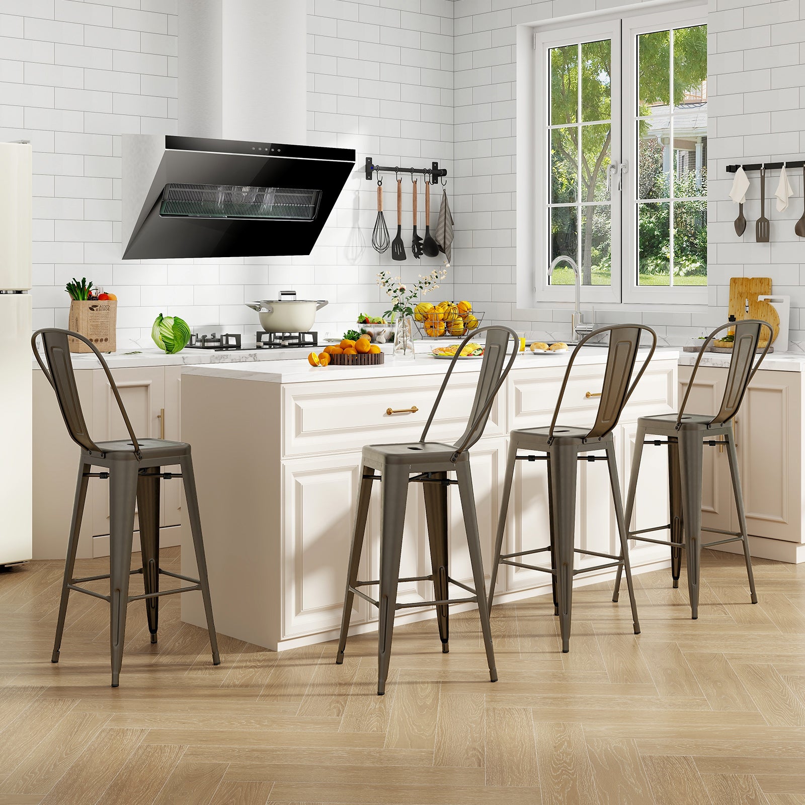 Set of 4 Bar Height Chairs Stackable Metal Bar Stools with Removable Backrest, Dark Green Bar Stools at Gallery Canada