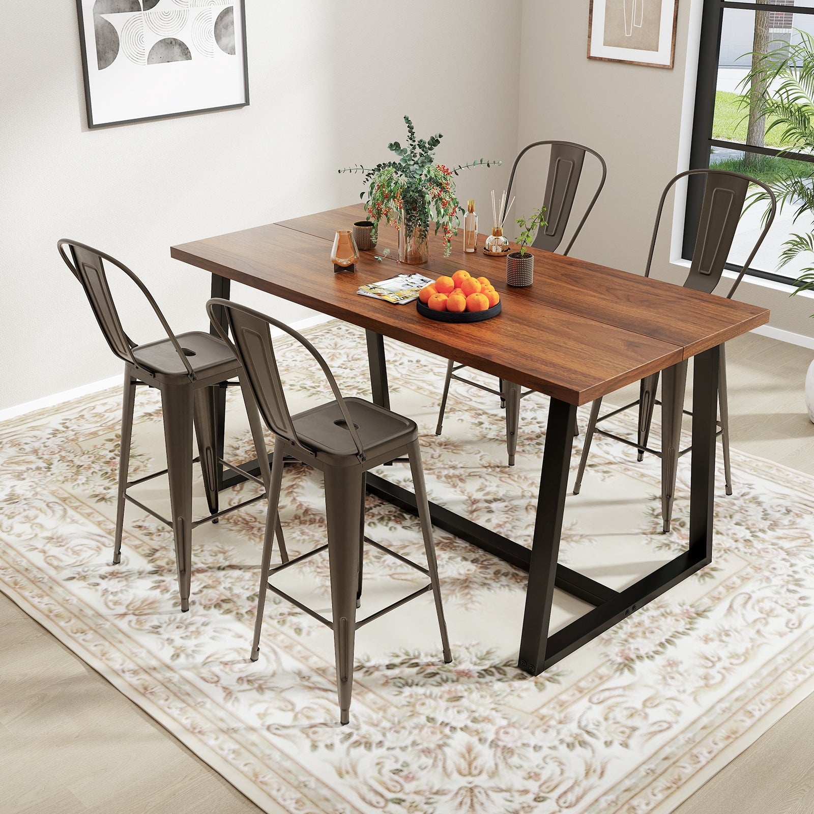 Set of 4 Bar Height Chairs Stackable Metal Bar Stools with Removable Backrest, Dark Green Bar Stools at Gallery Canada