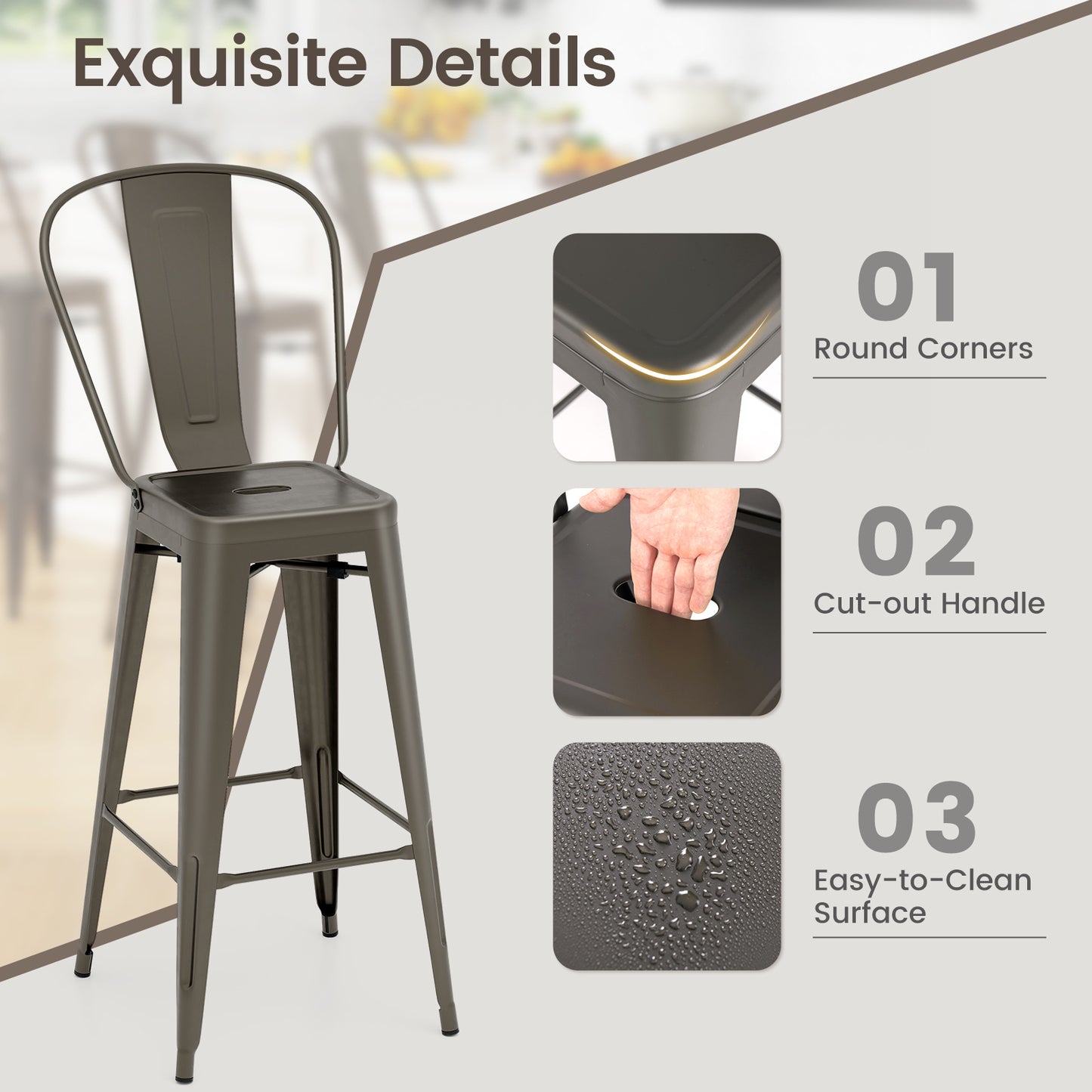 Set of 4 Bar Height Chairs Stackable Metal Bar Stools with Removable Backrest, Dark Green Bar Stools at Gallery Canada