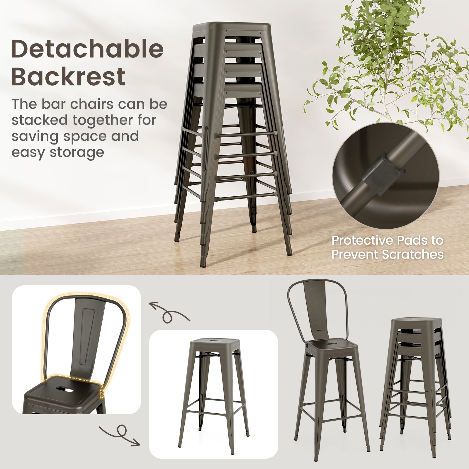 Set of 4 Bar Height Chairs Stackable Metal Bar Stools with Removable Backrest, Dark Green Bar Stools at Gallery Canada