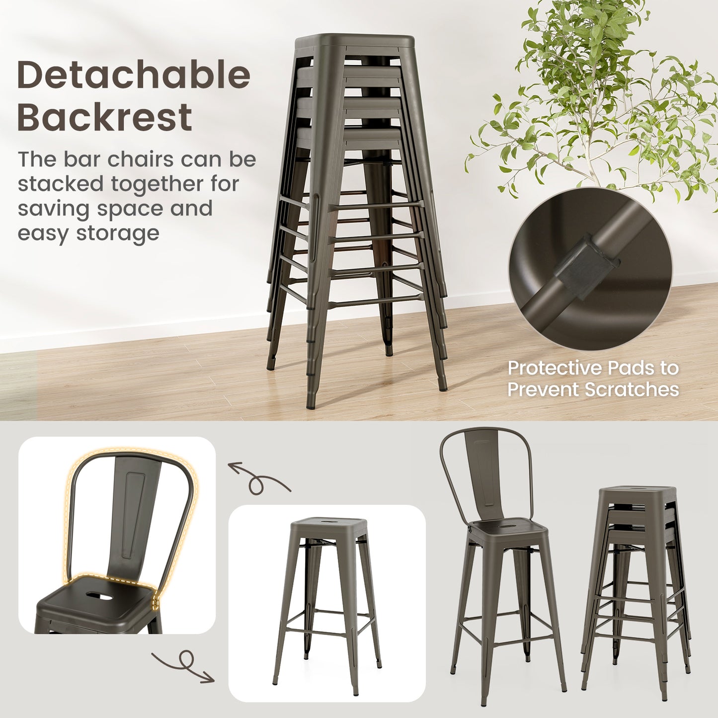 Set of 4 Bar Height Chairs Stackable Metal Bar Stools with Removable Backrest, Dark Green Bar Stools at Gallery Canada