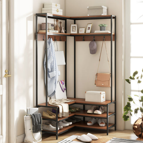 Corner Garment Rack With Shelves, 7 Hooks Shoe Bench, Walnut