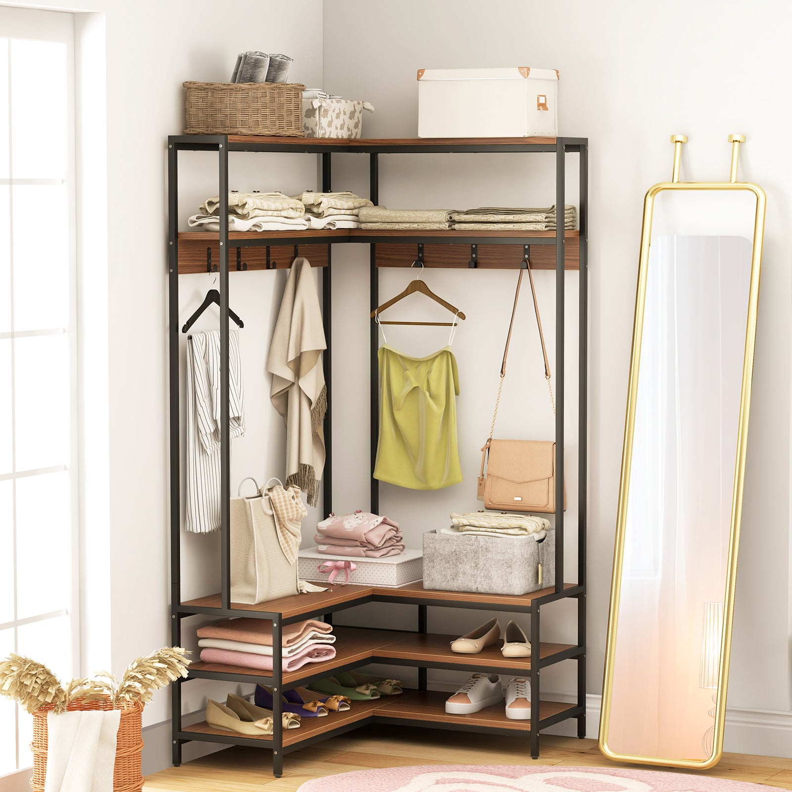Corner Garment Rack With Shelves, 7 Hooks Shoe Bench, Walnut Cabinets & Chests at Gallery Canada