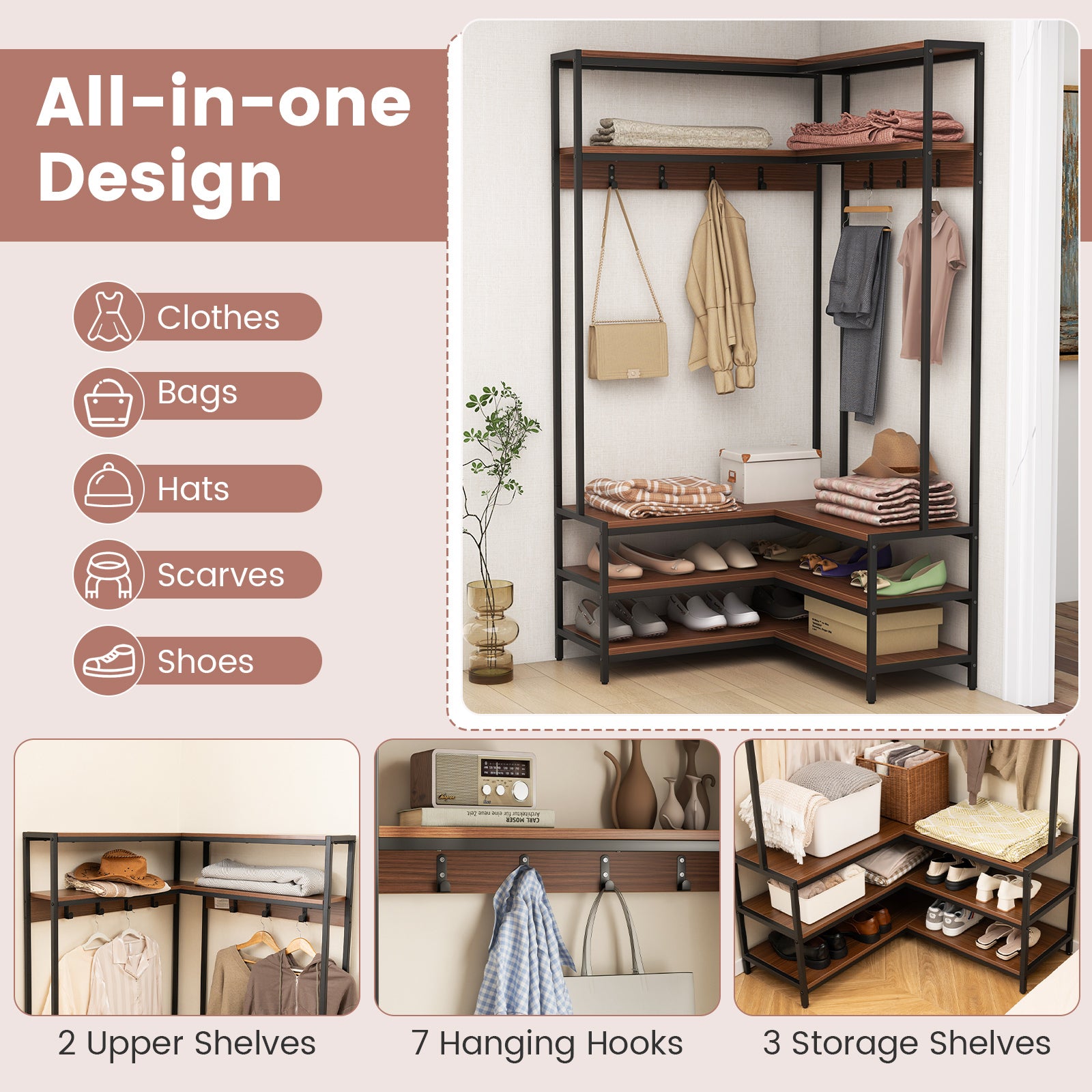 Corner Garment Rack With Shelves, 7 Hooks Shoe Bench, Walnut Cabinets & Chests at Gallery Canada