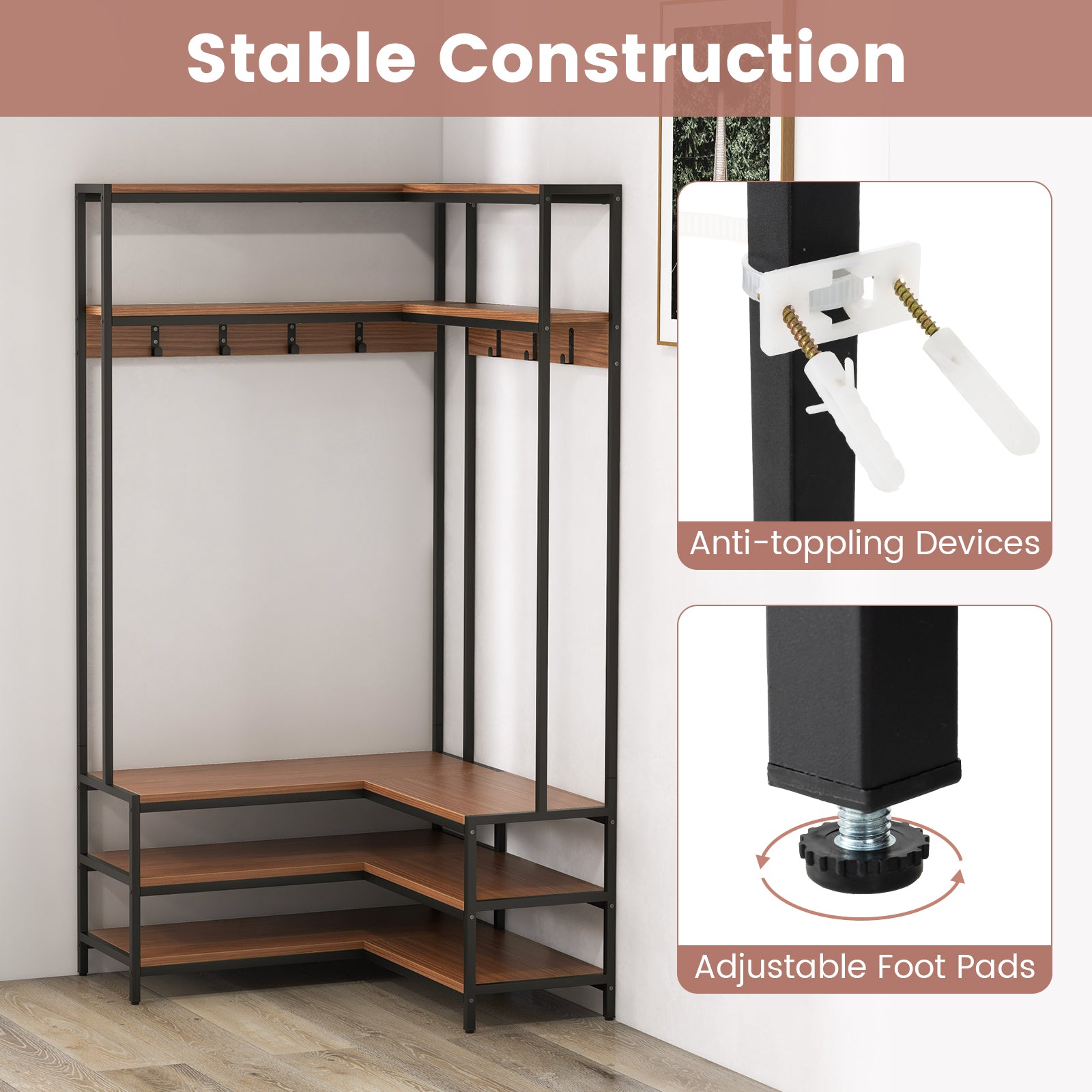 Corner Garment Rack With Shelves, 7 Hooks Shoe Bench, Walnut Cabinets & Chests at Gallery Canada