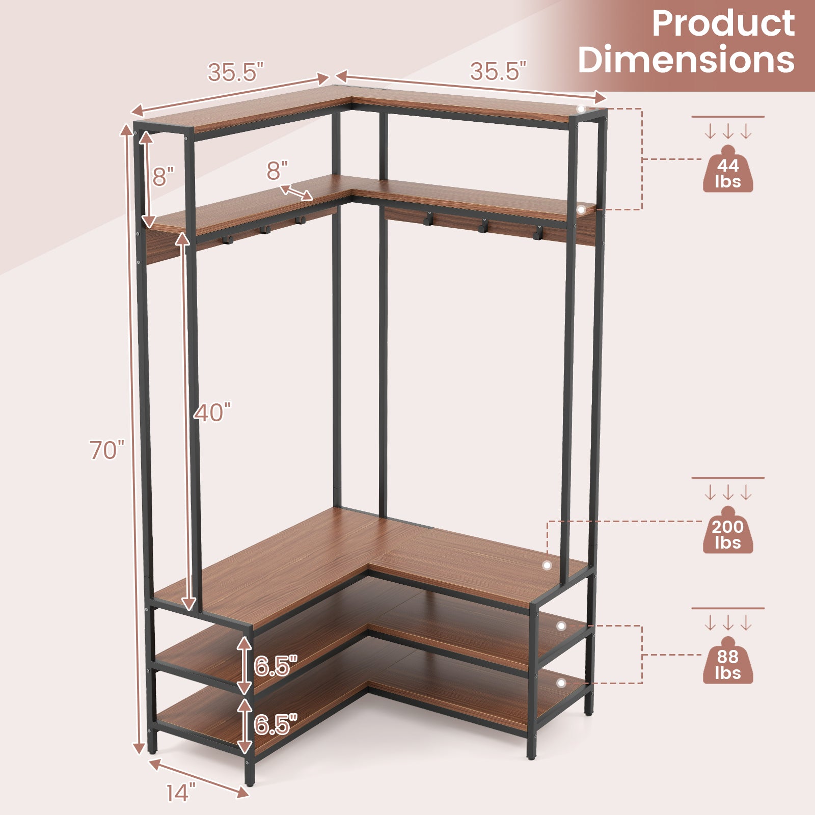 Corner Garment Rack With Shelves, 7 Hooks Shoe Bench, Walnut Cabinets & Chests at Gallery Canada