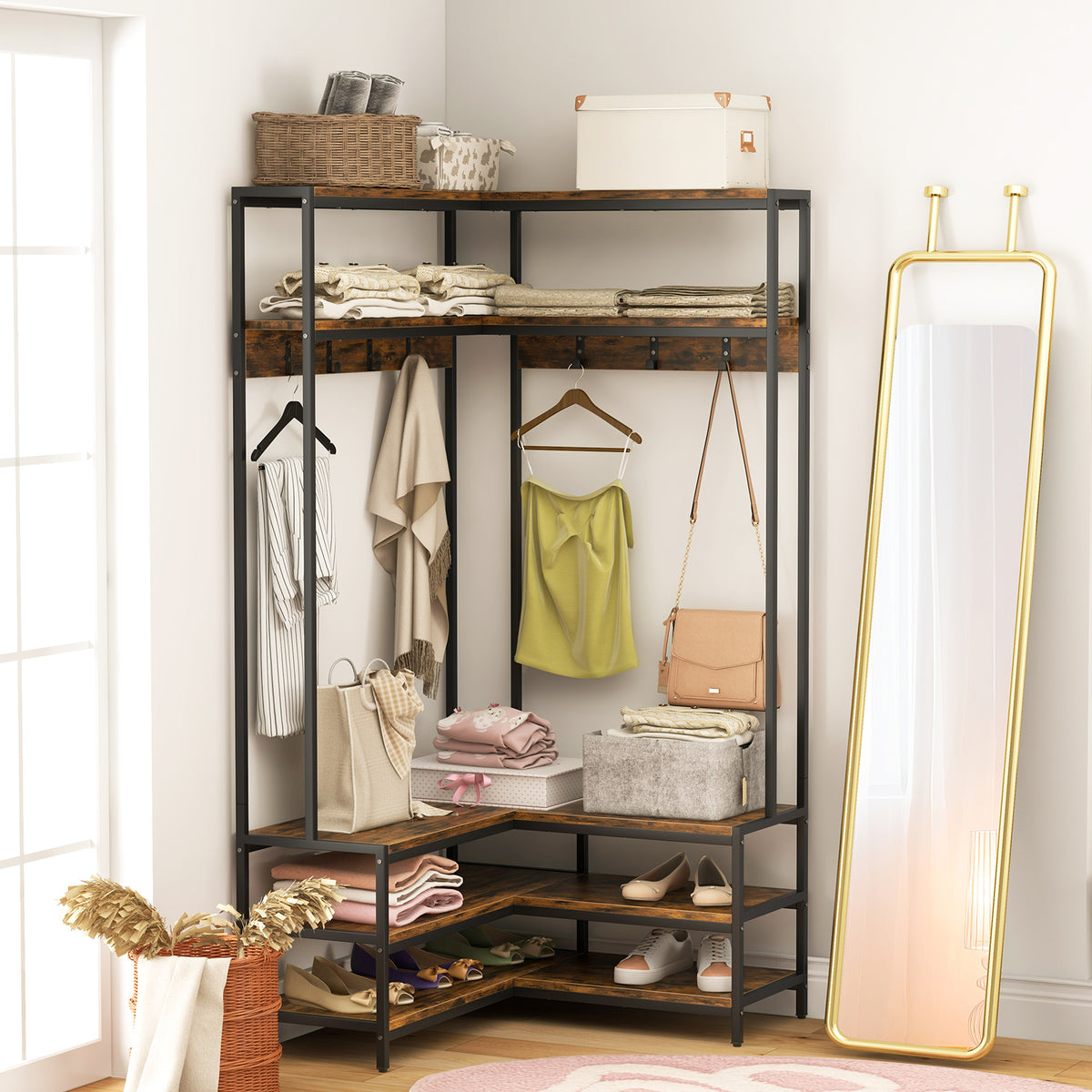 Corner Garment Rack With Open Shelves, 7 Hooks Shoe Bench, Rustic Brown Cabinets & Chests at Gallery Canada