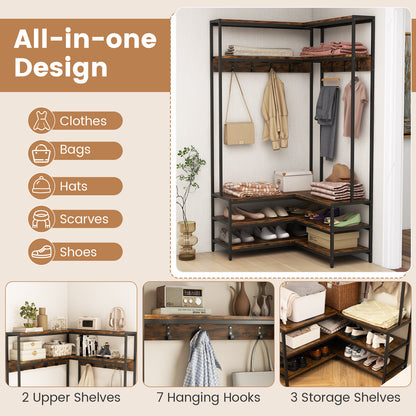Corner Garment Rack With Open Shelves, 7 Hooks Shoe Bench, Rustic Brown Cabinets & Chests at Gallery Canada