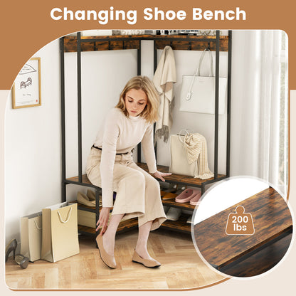 Corner Garment Rack With Open Shelves, 7 Hooks Shoe Bench, Rustic Brown Cabinets & Chests at Gallery Canada