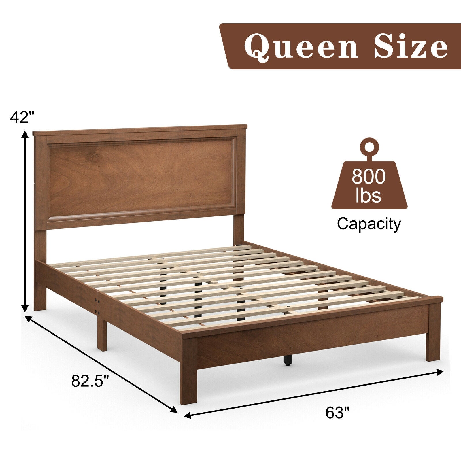 Queen Size Platform Bed Frame, Walnut, High Headboard, Rubber Wood Leg Simple Bed Frame at Gallery Canada