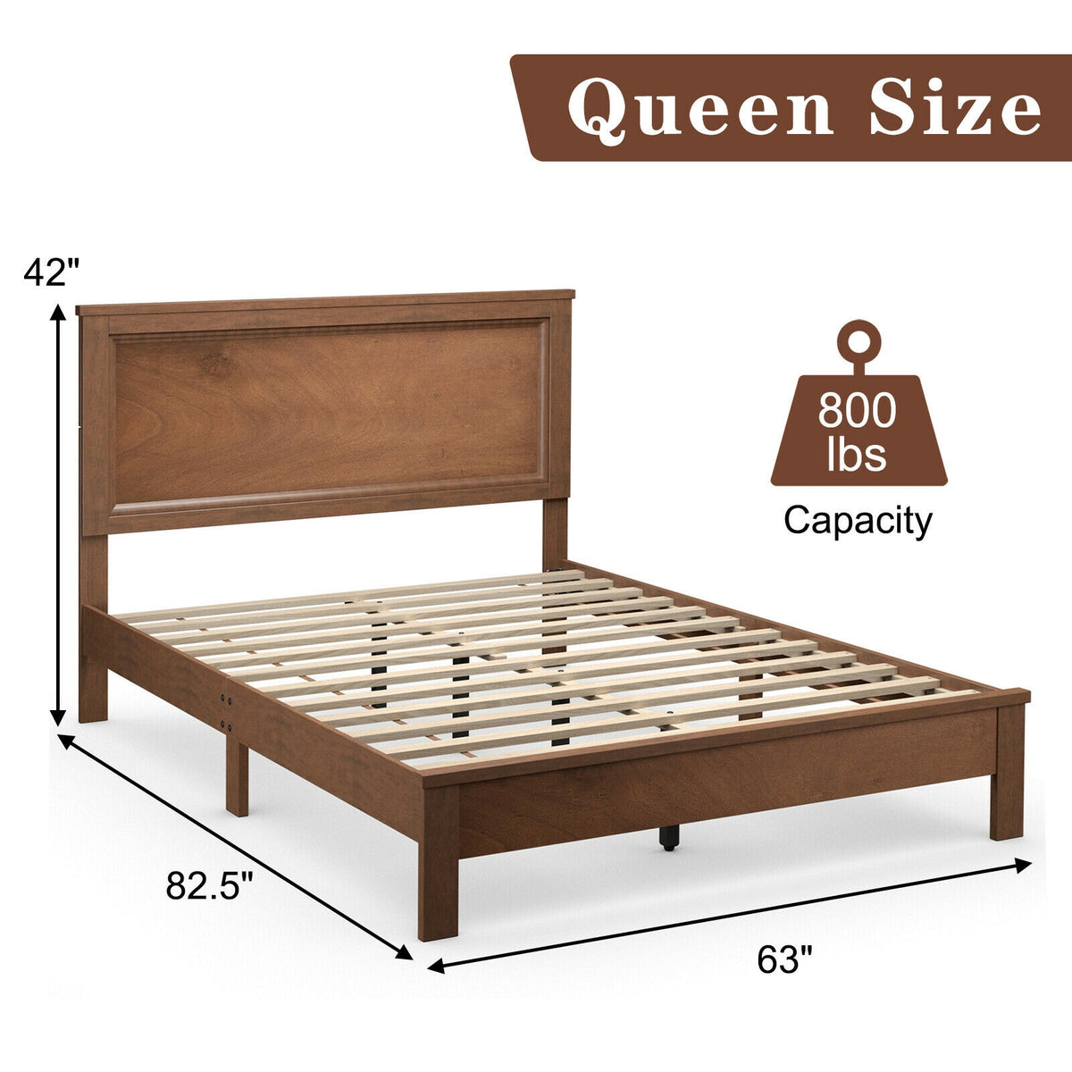 Queen Size Platform Bed Frame, Walnut, High Headboard, Rubber Wood Leg Simple Bed Frame at Gallery Canada