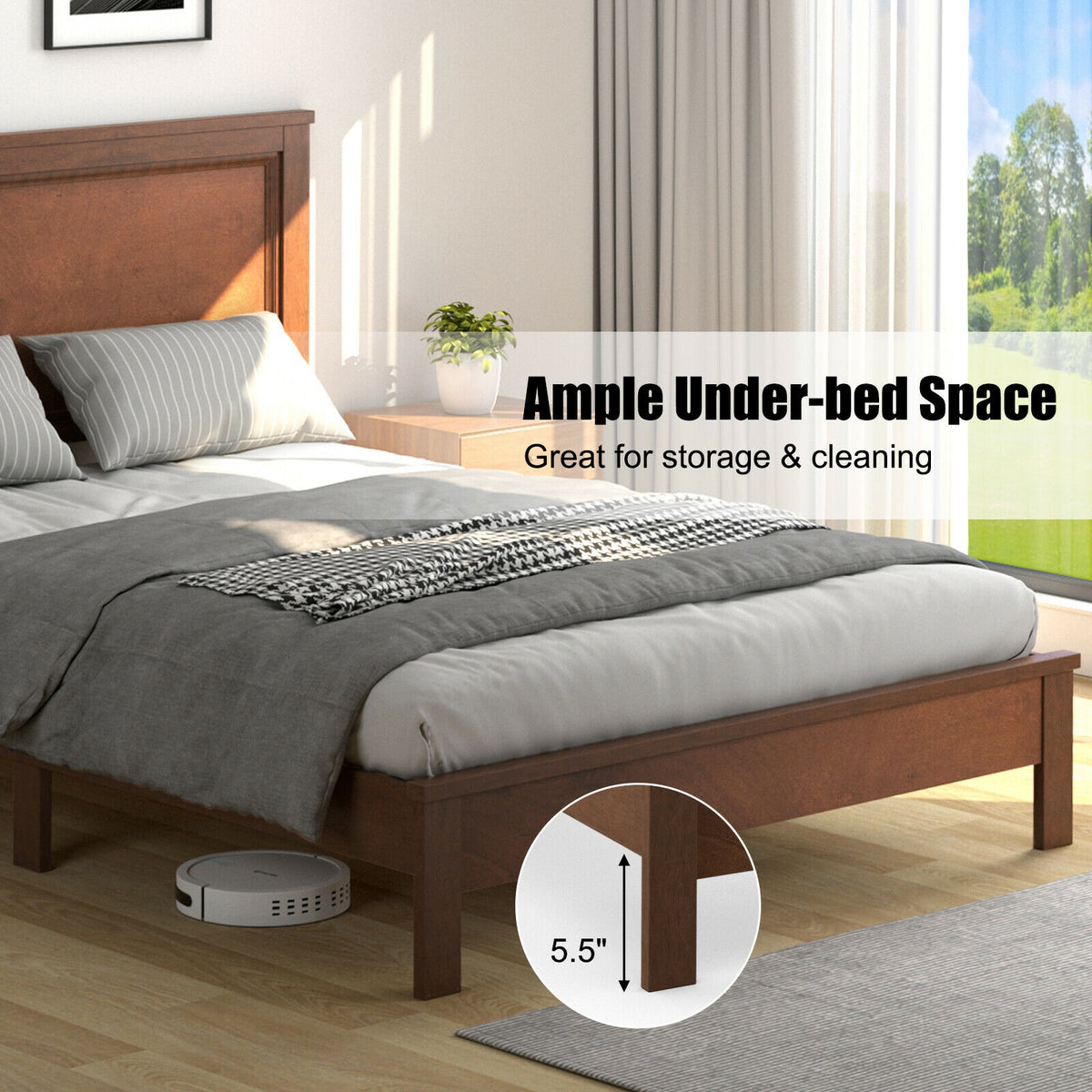 Queen Size Platform Bed Frame, Walnut, High Headboard, Rubber Wood Leg Simple Bed Frame at Gallery Canada
