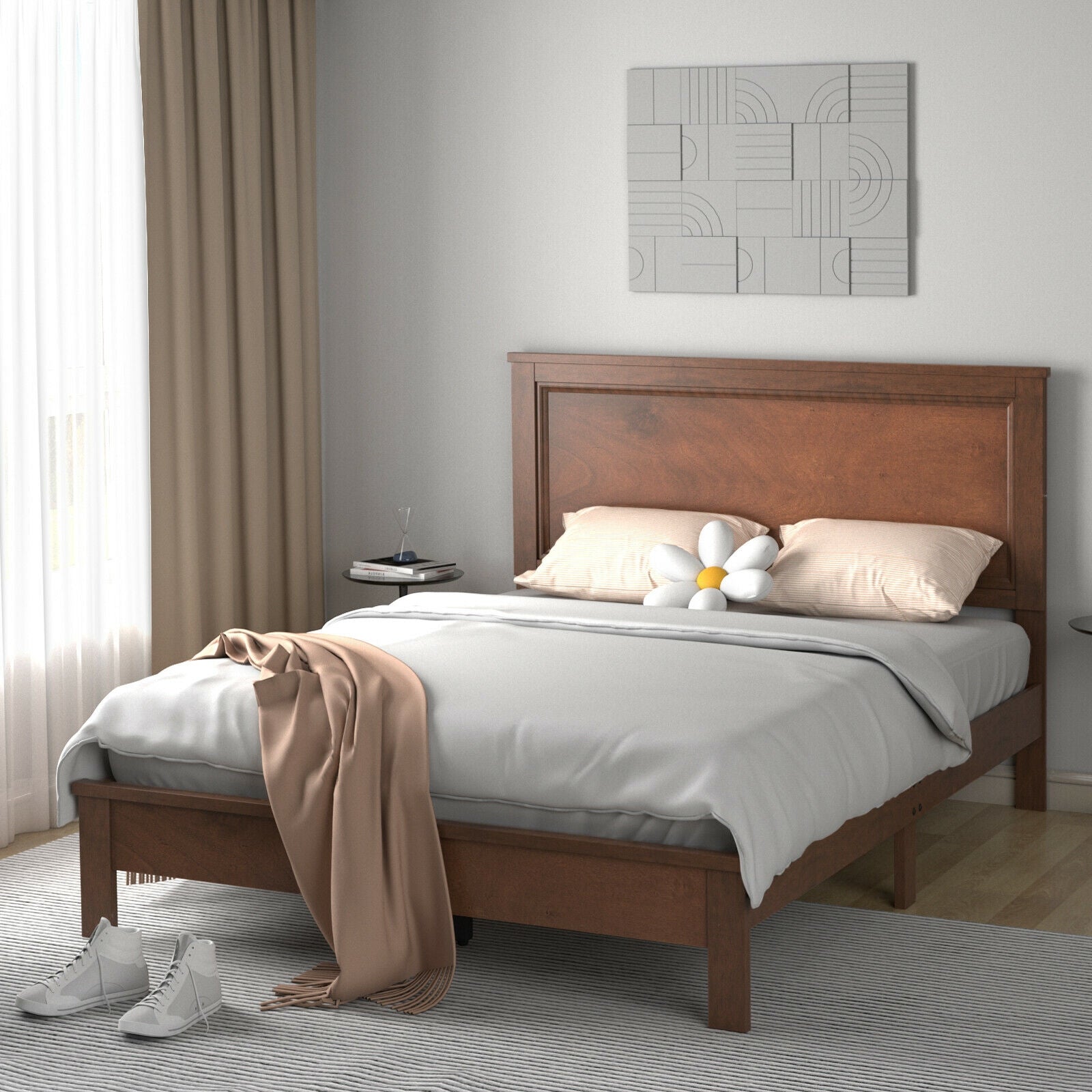 Queen Size Platform Bed Frame, Walnut, High Headboard, Rubber Wood Leg Simple Bed Frame at Gallery Canada