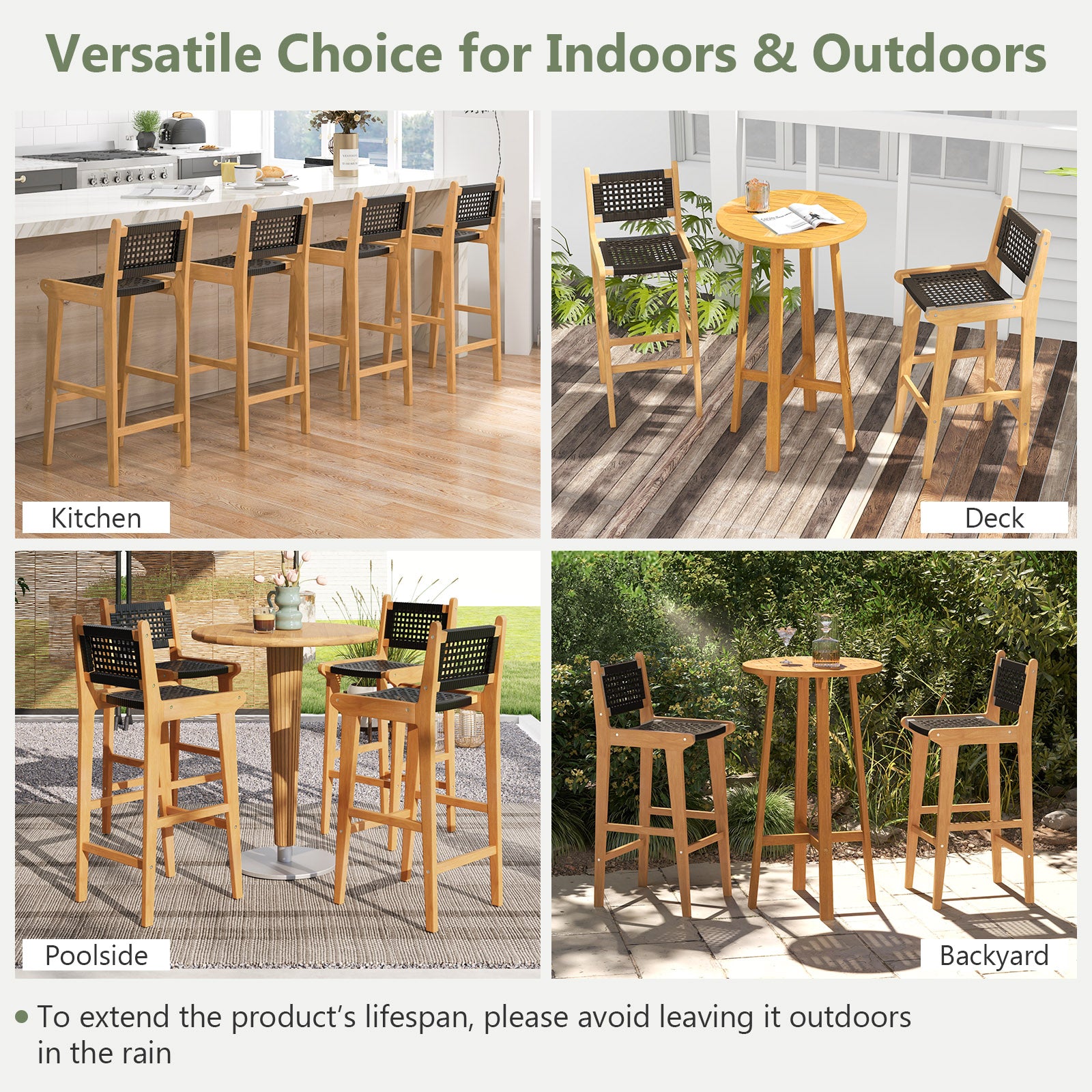 30 Inch Rattan Teak Wood Bar Stool, Backrest, Footrest Patio Bar Furniture at Gallery Canada