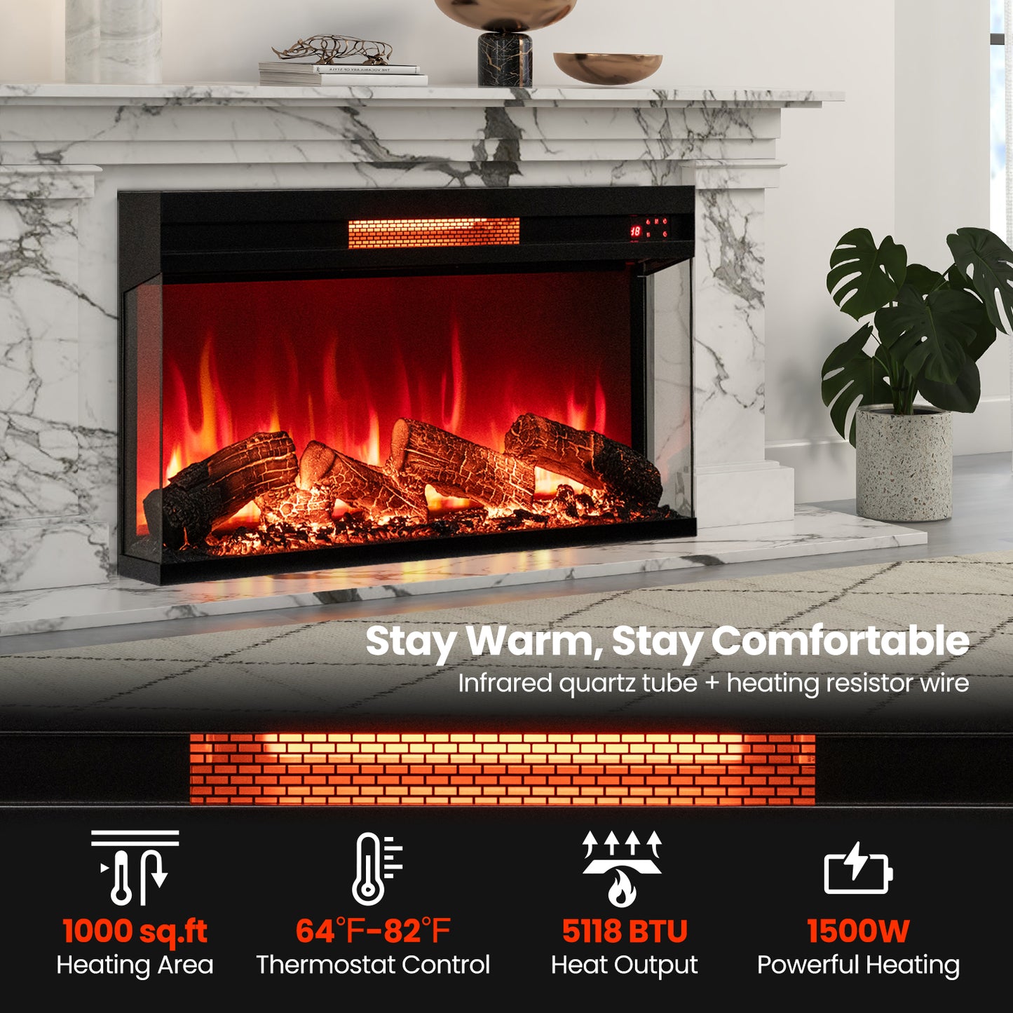 36 Inch 3-Sided 1500W Electric Fireplace, 7-Color Flame, Black Fireplaces at Gallery Canada