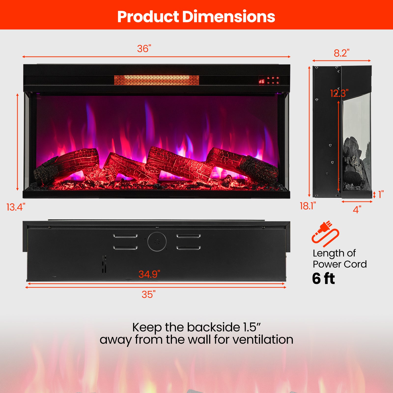 36 Inch 3-Sided 1500W Electric Fireplace, 7-Color Flame, Black Fireplaces at Gallery Canada